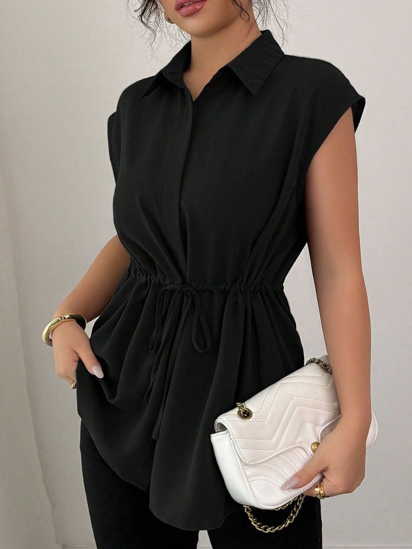 Drawstring waist cap sleeve shirt - Godess beauty 