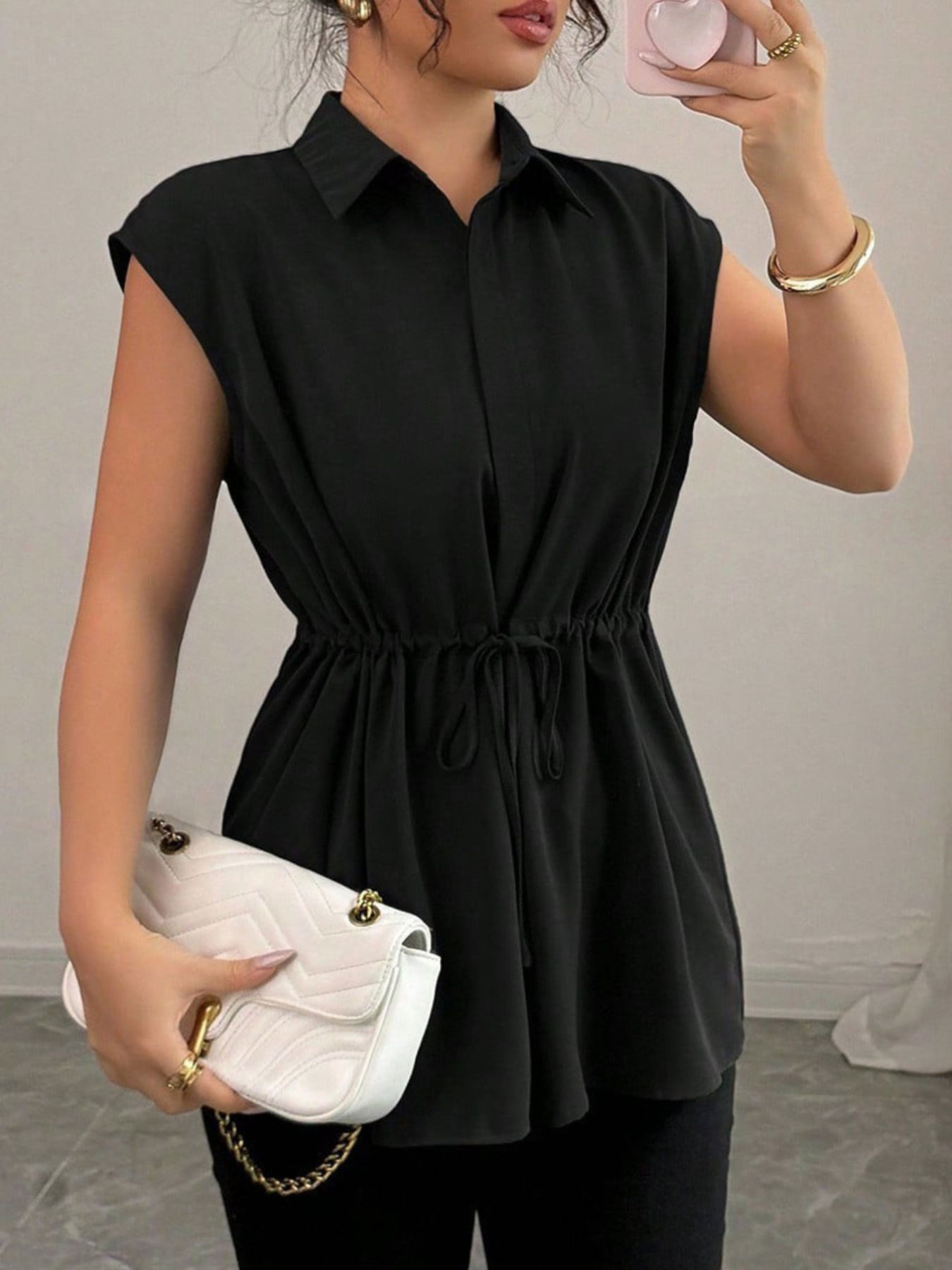Drawstring waist cap sleeve shirt - Godess beauty 