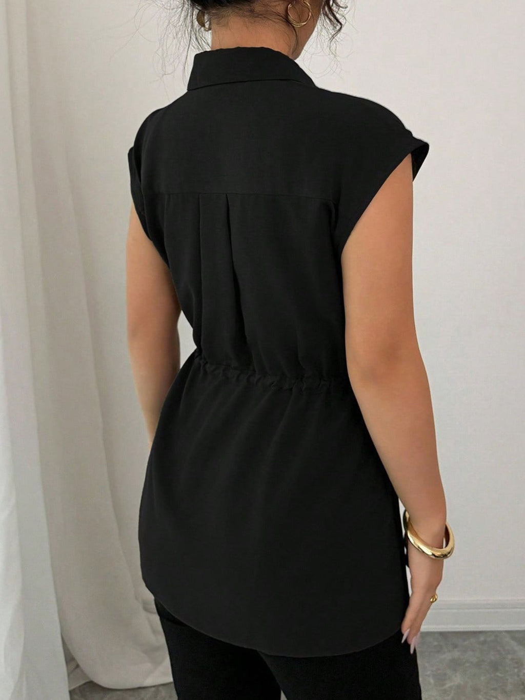 Drawstring waist cap sleeve shirt - Godess beauty 