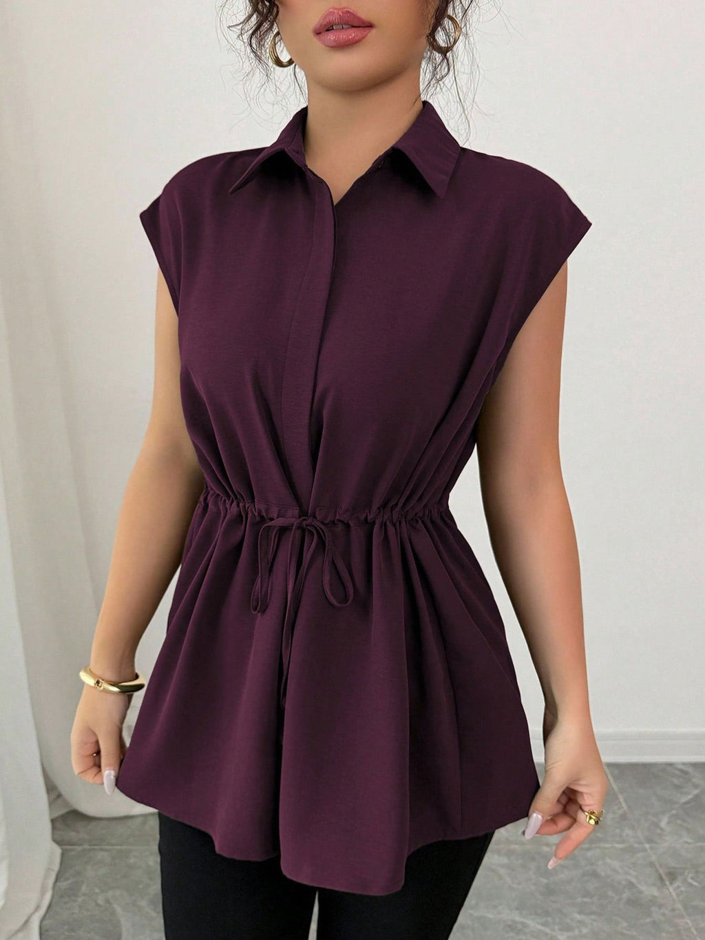 Drawstring waist cap sleeve shirt - Godess beauty 