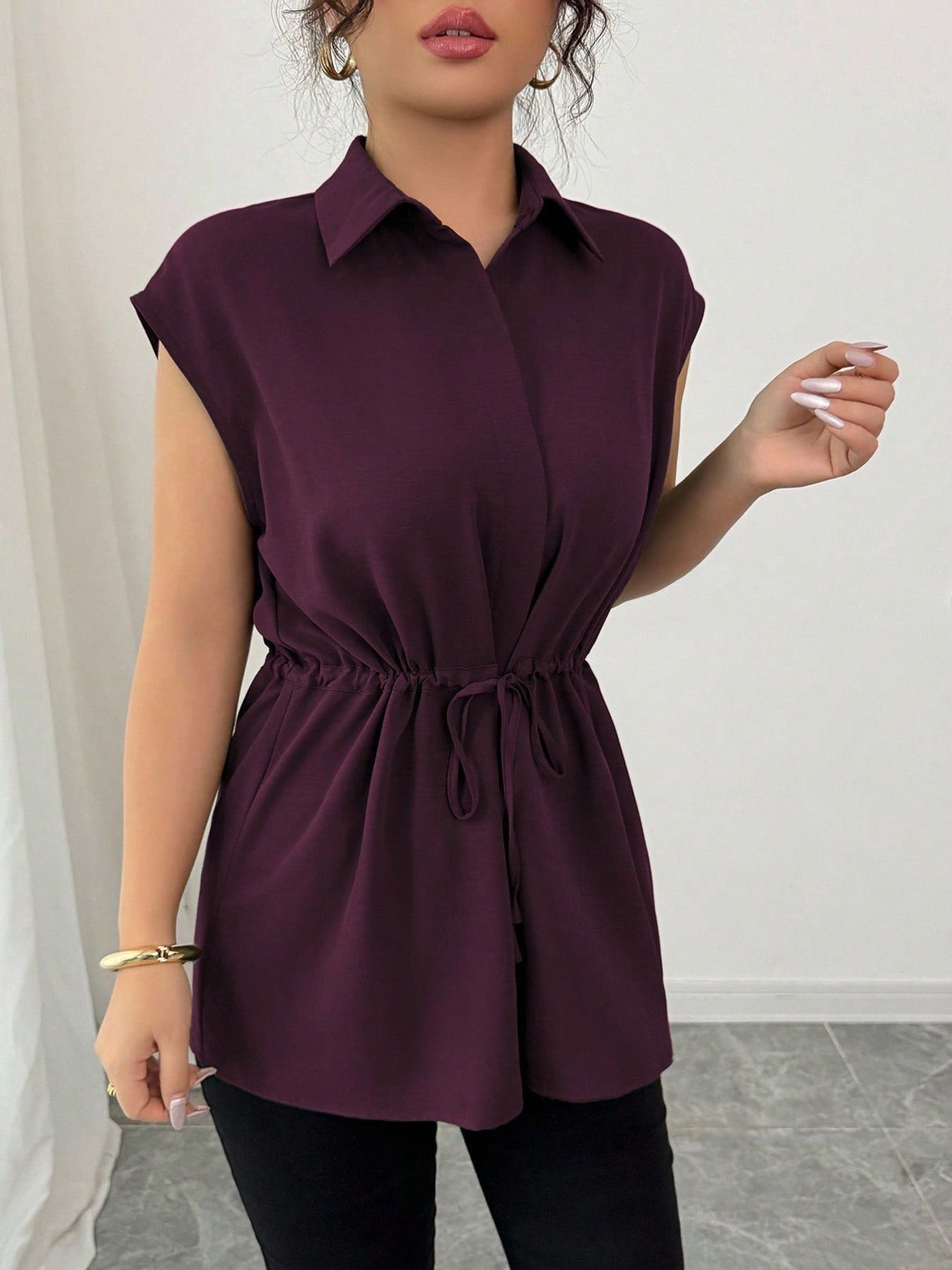 Drawstring waist cap sleeve shirt - Godess beauty 