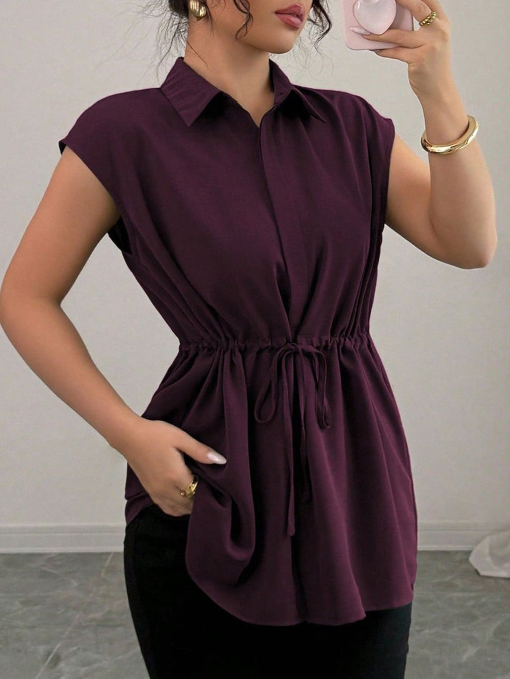 Drawstring waist cap sleeve shirt - Godess beauty 