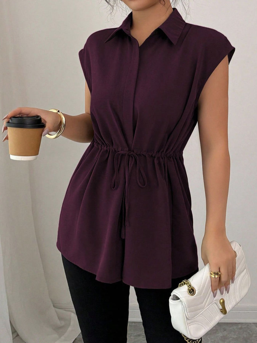 Drawstring waist cap sleeve shirt - Godess beauty 