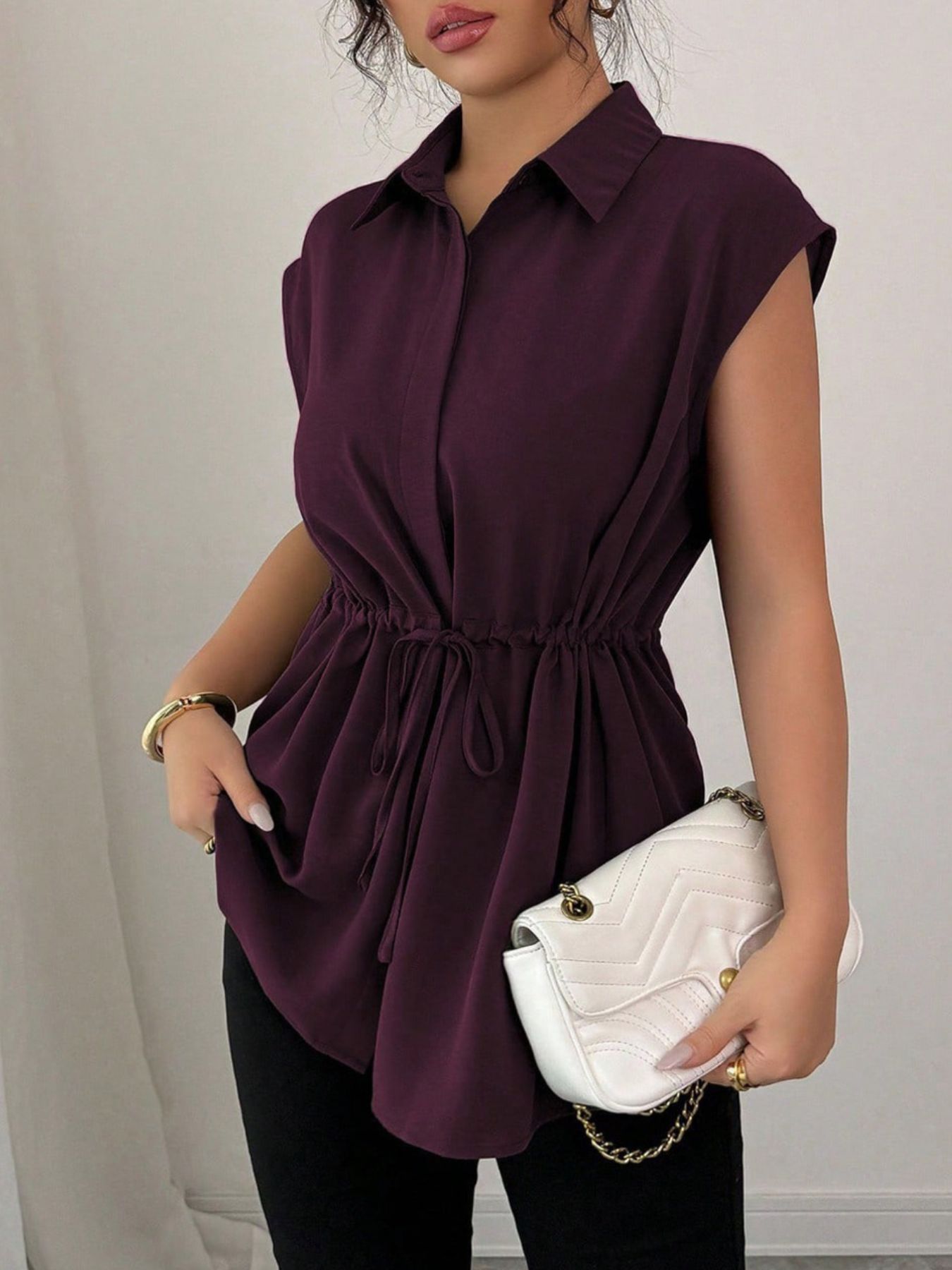 Drawstring waist cap sleeve shirt - Godess beauty 