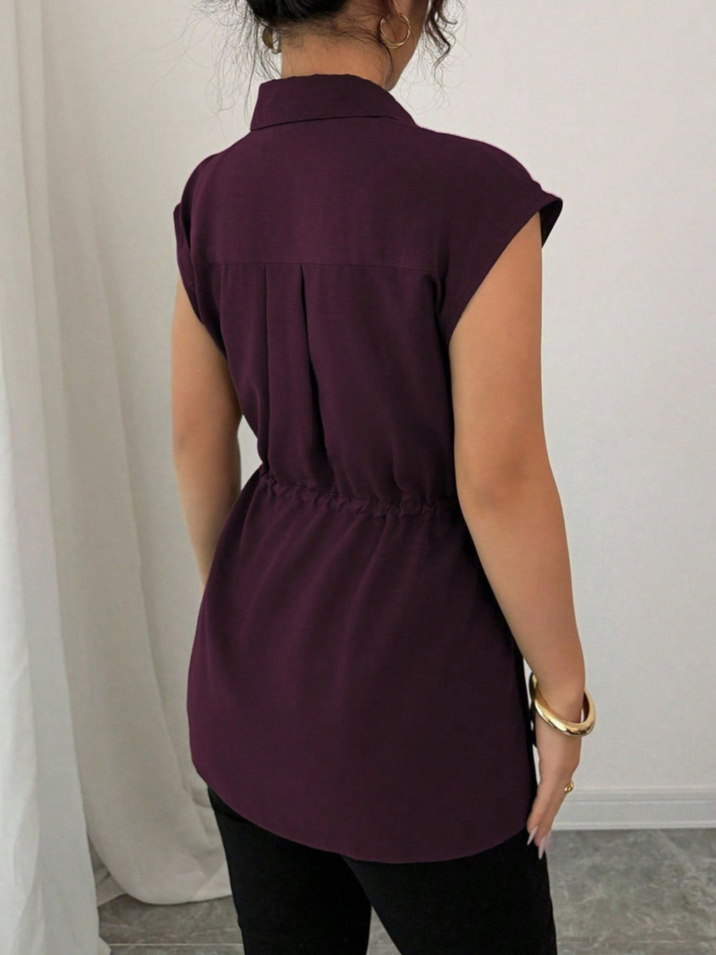 Drawstring waist cap sleeve shirt - Godess beauty 