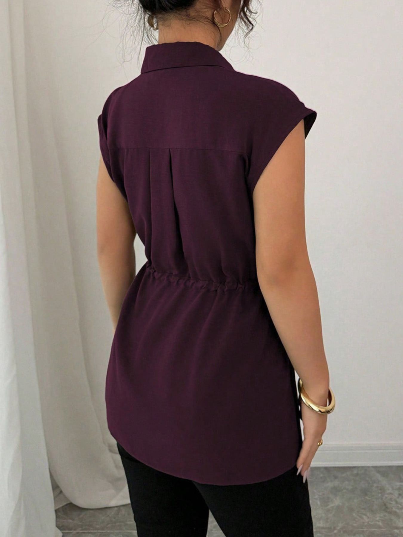 Drawstring waist cap sleeve shirt - Godess beauty 