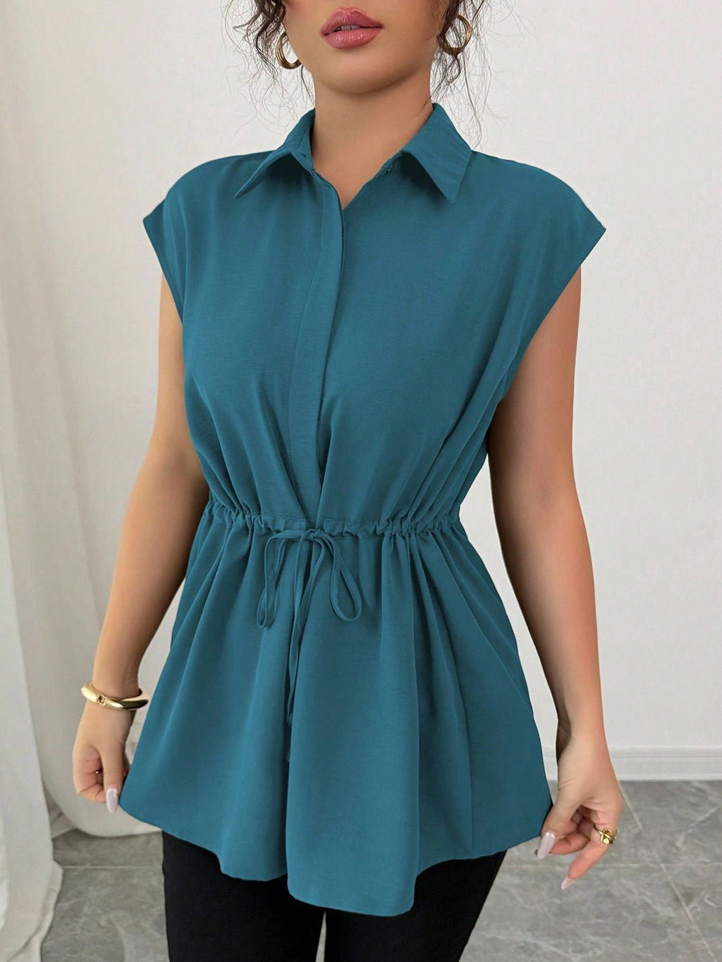 Drawstring waist cap sleeve shirt - Godess beauty 