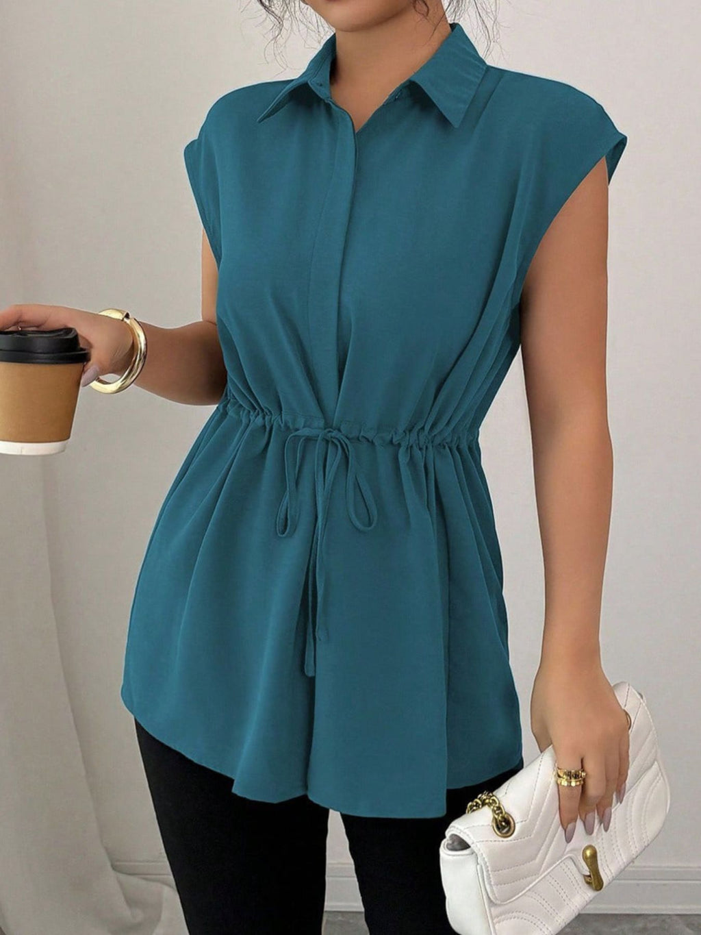 Drawstring waist cap sleeve shirt - Godess beauty 