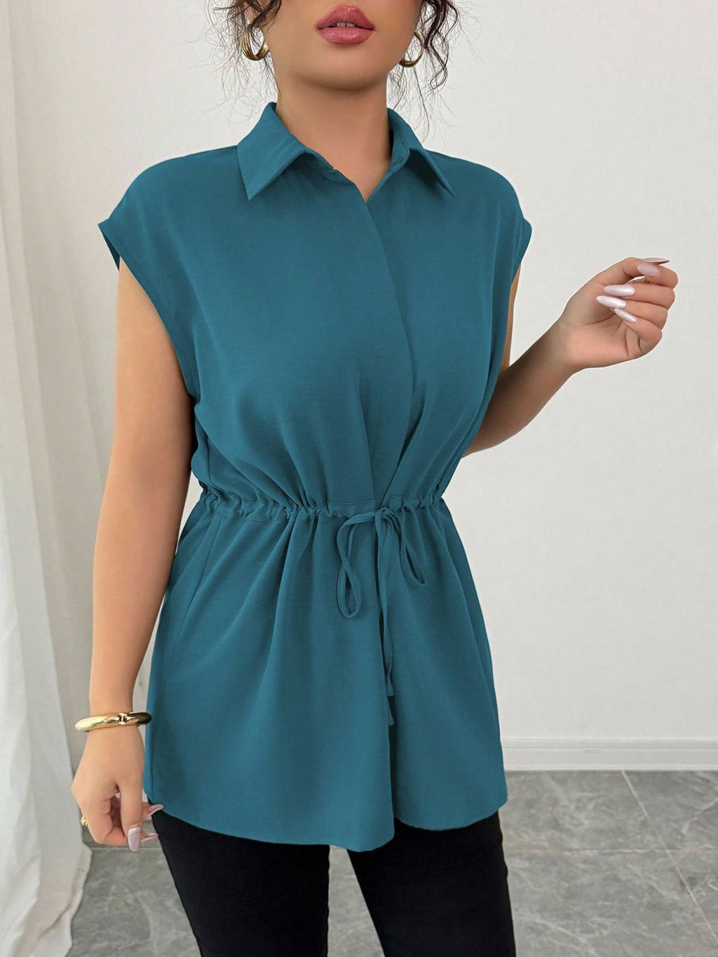 Drawstring waist cap sleeve shirt - Godess beauty 