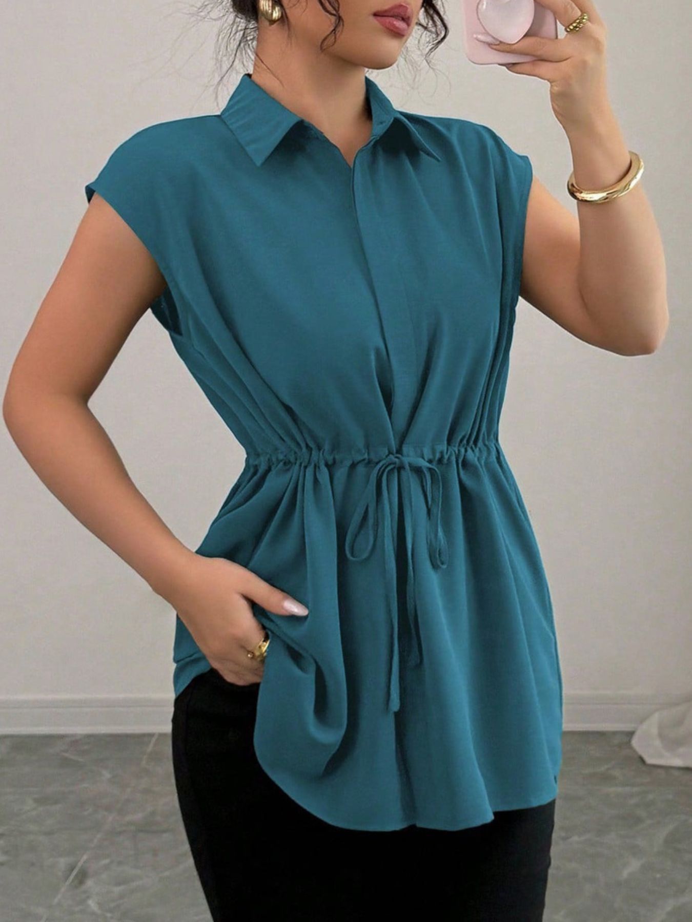 Drawstring waist cap sleeve shirt - Godess beauty 
