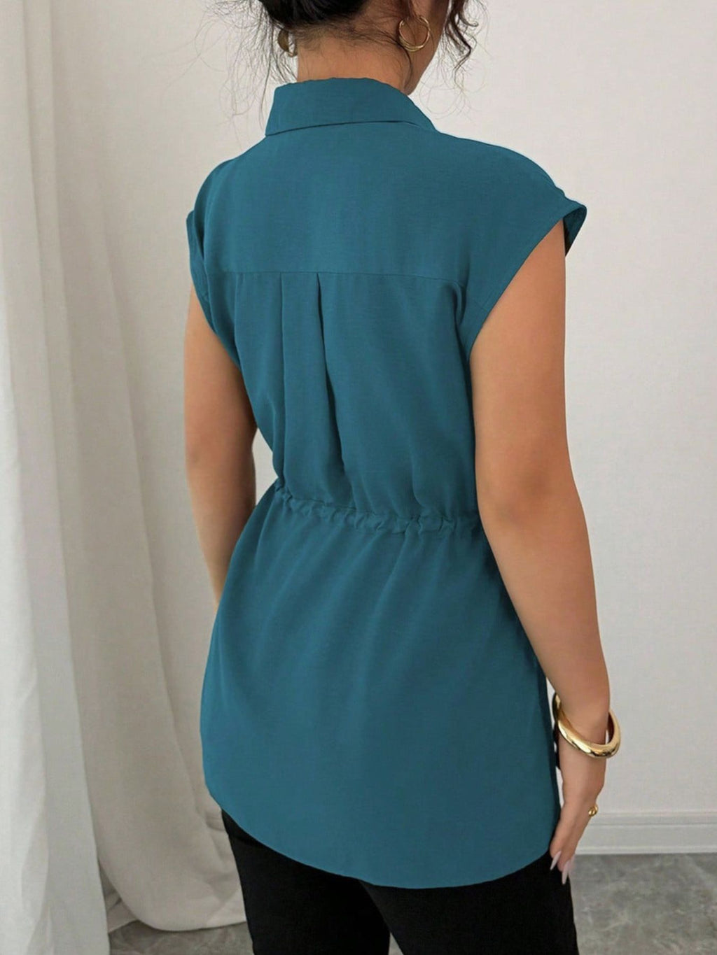 Drawstring waist cap sleeve shirt - Godess beauty 