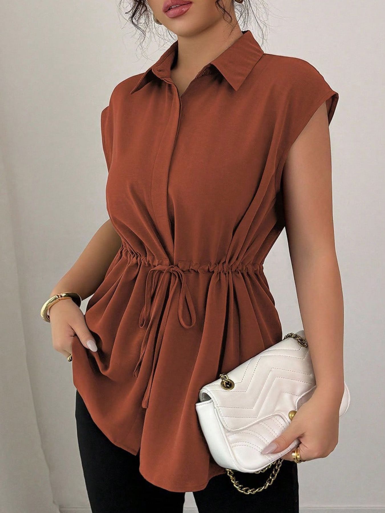 Drawstring waist cap sleeve shirt - Godess beauty 