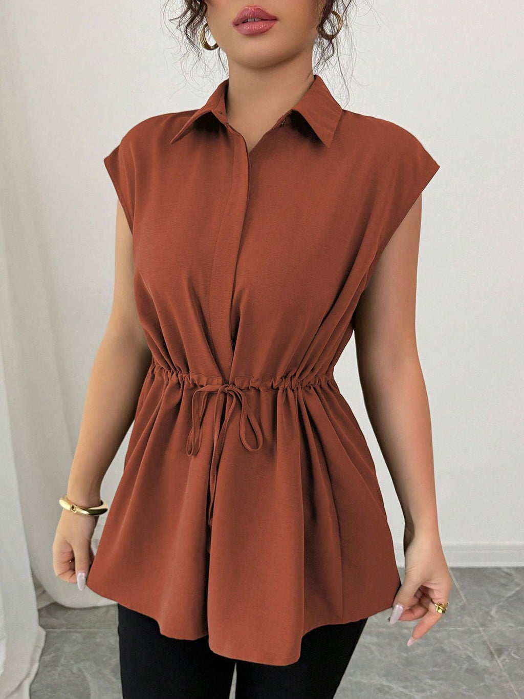 Drawstring waist cap sleeve shirt - Godess beauty 
