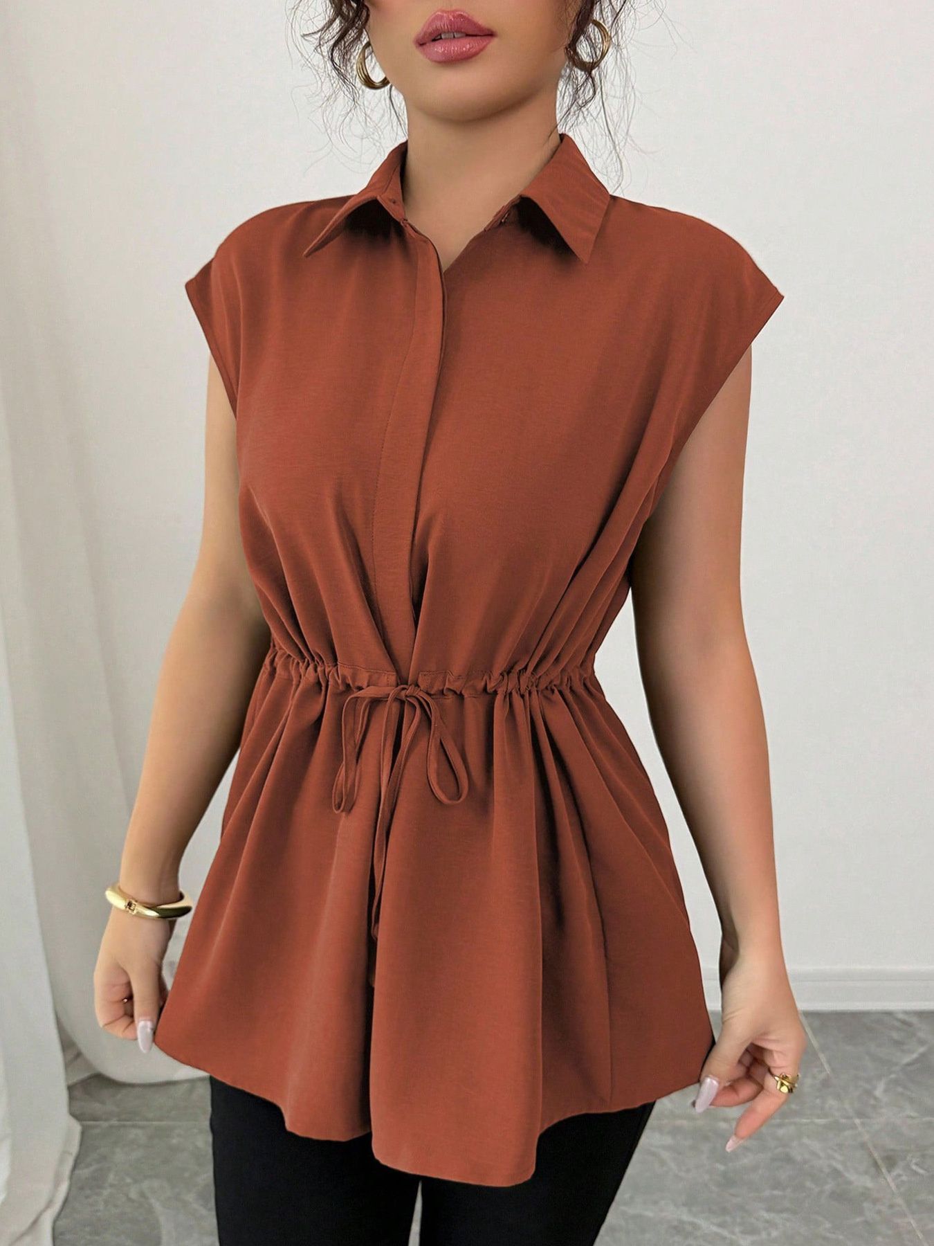 Drawstring waist cap sleeve shirt - Godess beauty 