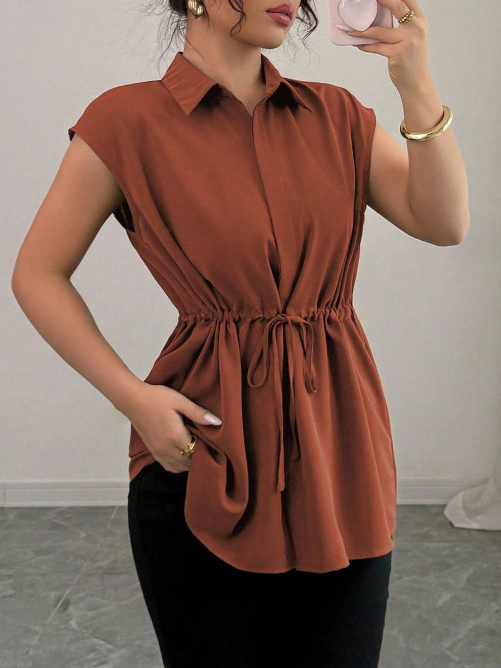 Drawstring waist cap sleeve shirt - Godess beauty 