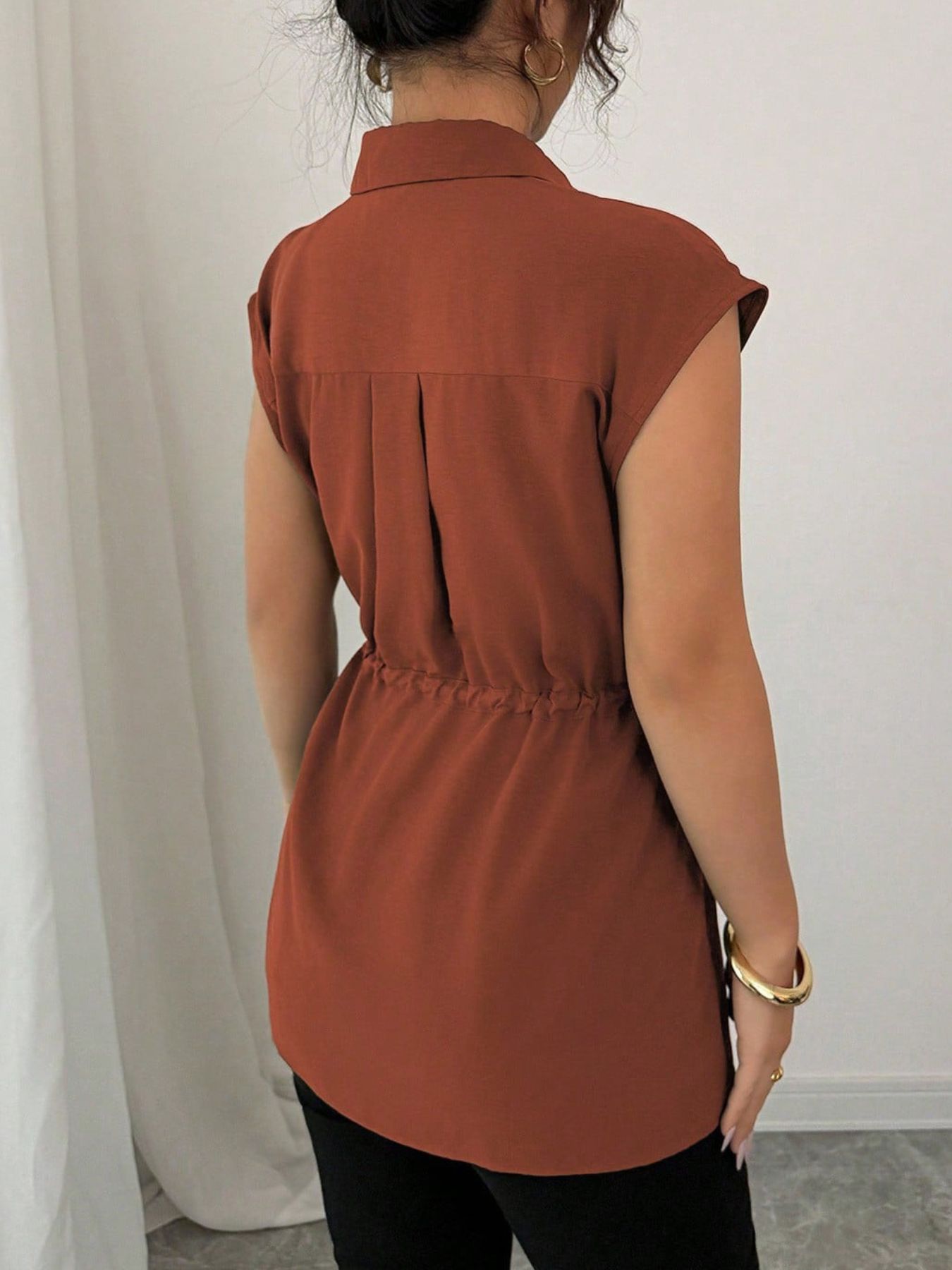 Drawstring waist cap sleeve shirt - Godess beauty 