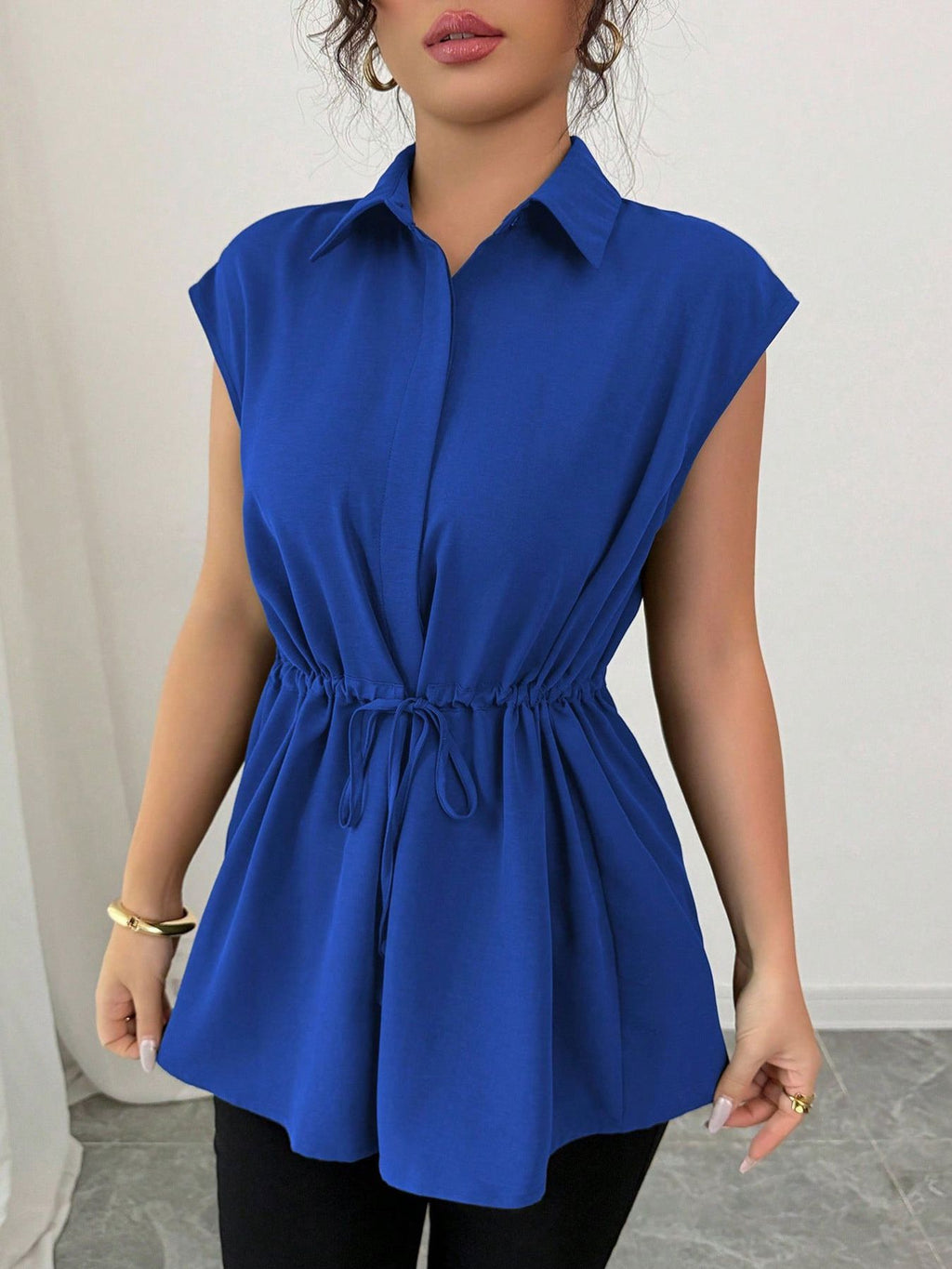Drawstring waist cap sleeve shirt - Godess beauty 