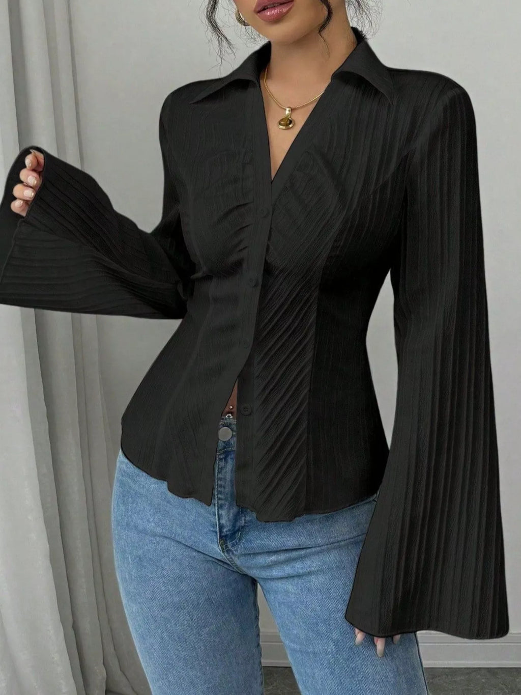 Flare Sleeve Button Up Shirt - Godess beauty 