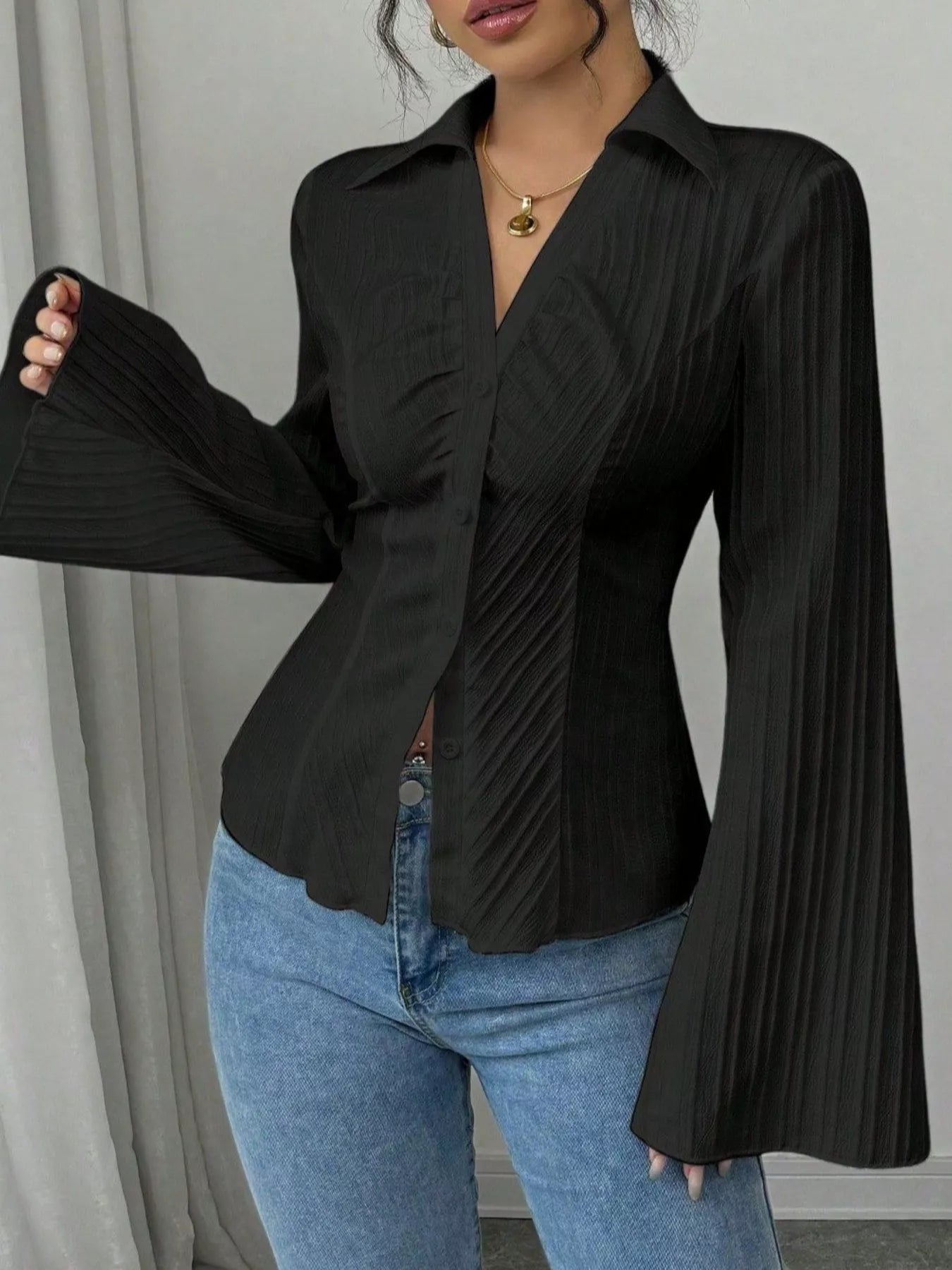 Flare Sleeve Button Up Shirt - Godess beauty 