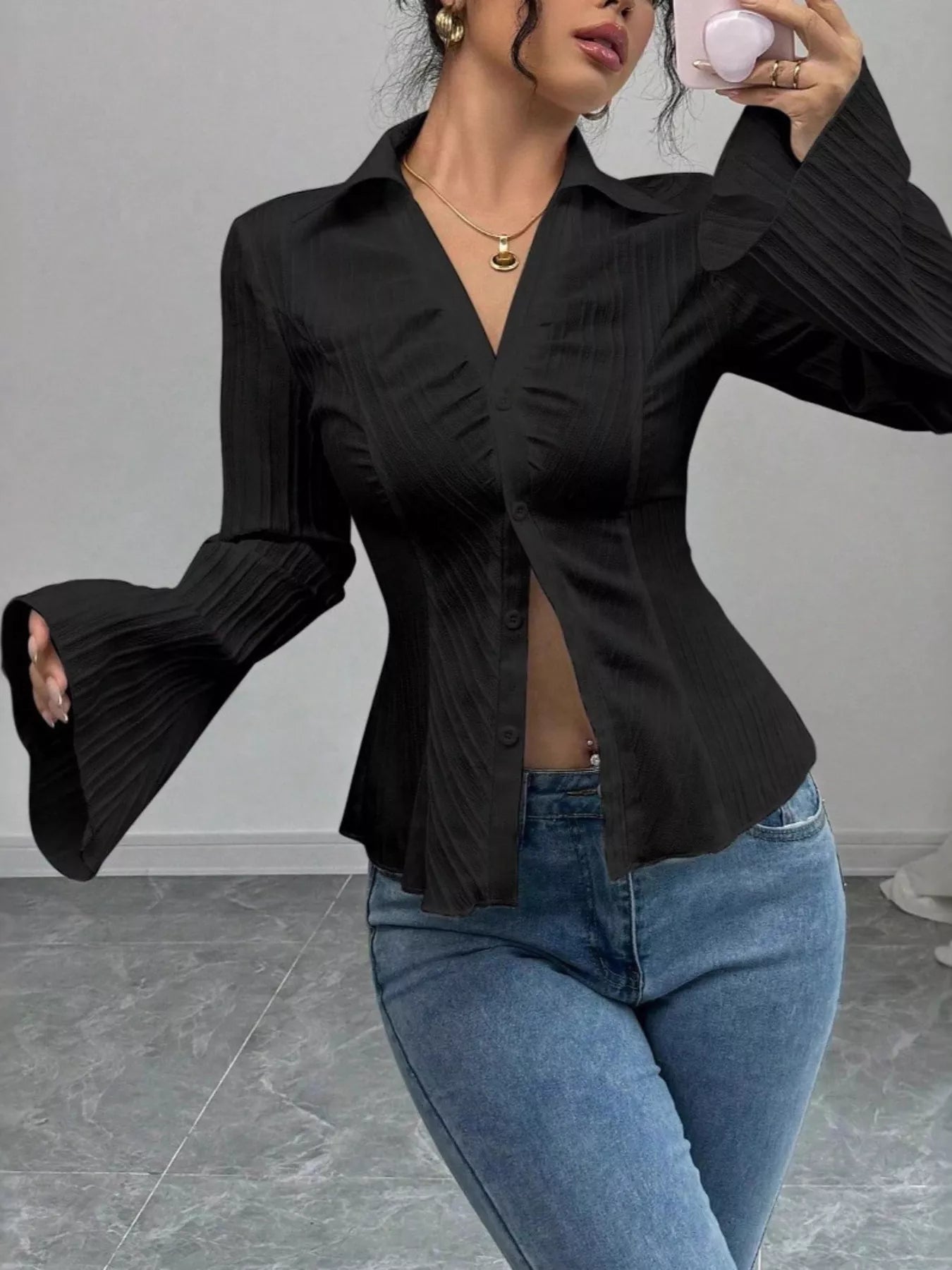 Flare Sleeve Button Up Shirt - Godess beauty 
