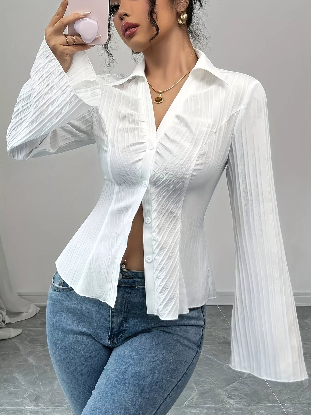 Flare Sleeve Button Up Shirt - Godess beauty 
