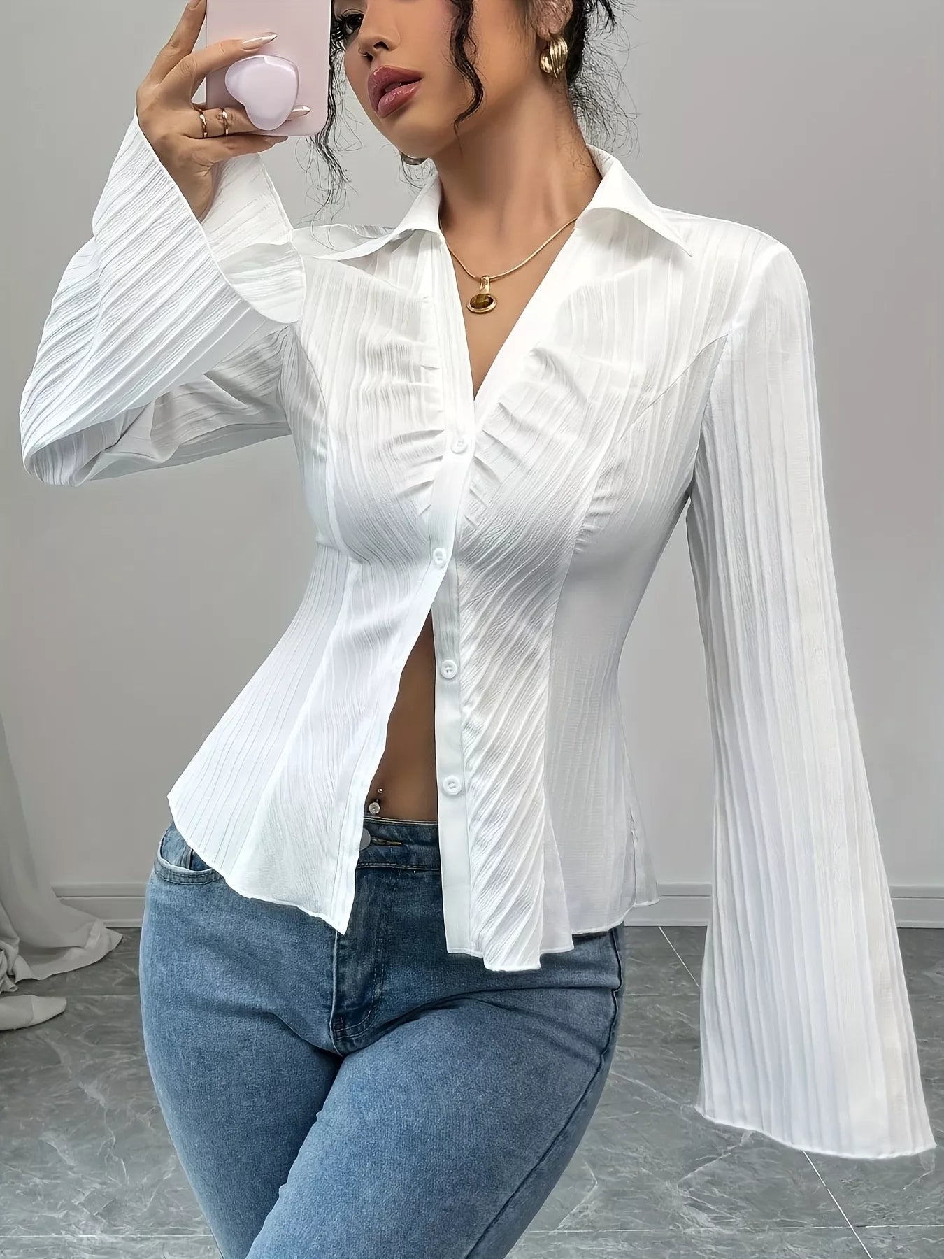 Flare Sleeve Button Up Shirt - Godess beauty 