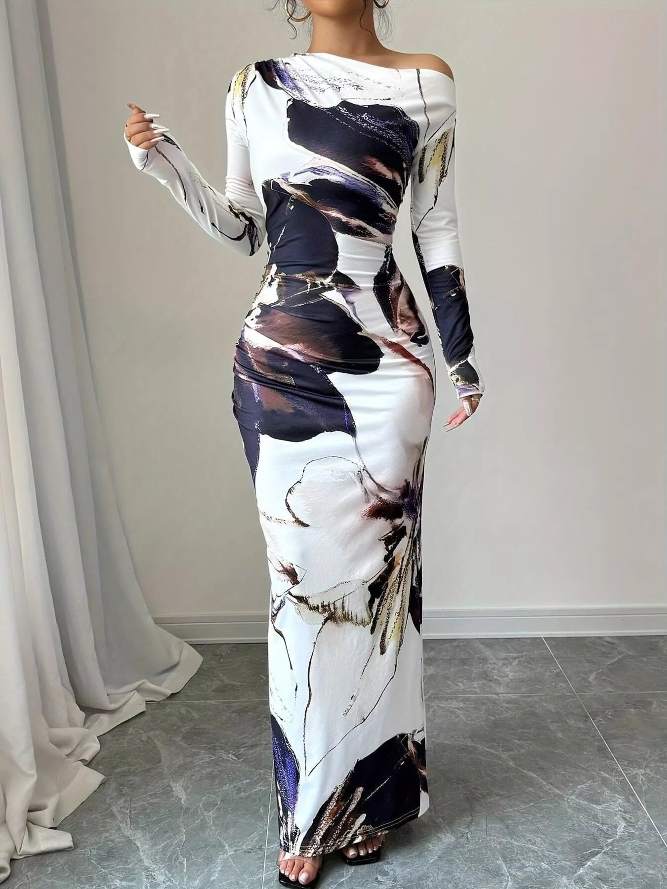 Floral One Shoulder Long Sleeve Maxi Dress - Godess beauty 