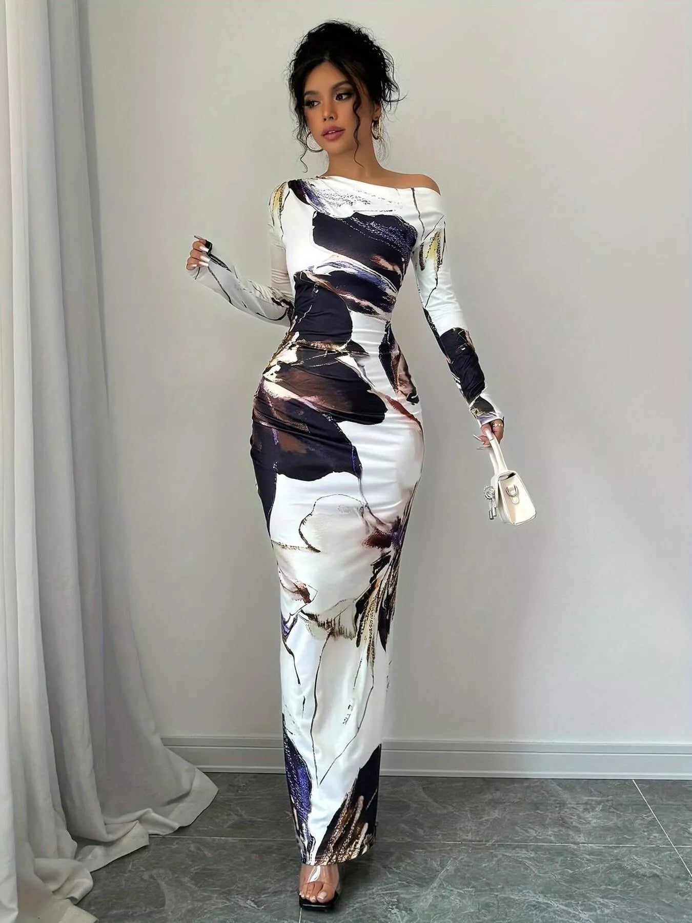 Floral One Shoulder Long Sleeve Maxi Dress - Godess beauty 