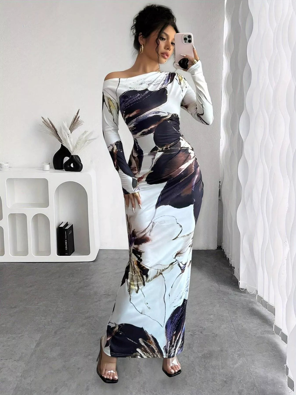 Floral One Shoulder Long Sleeve Maxi Dress - Godess beauty 