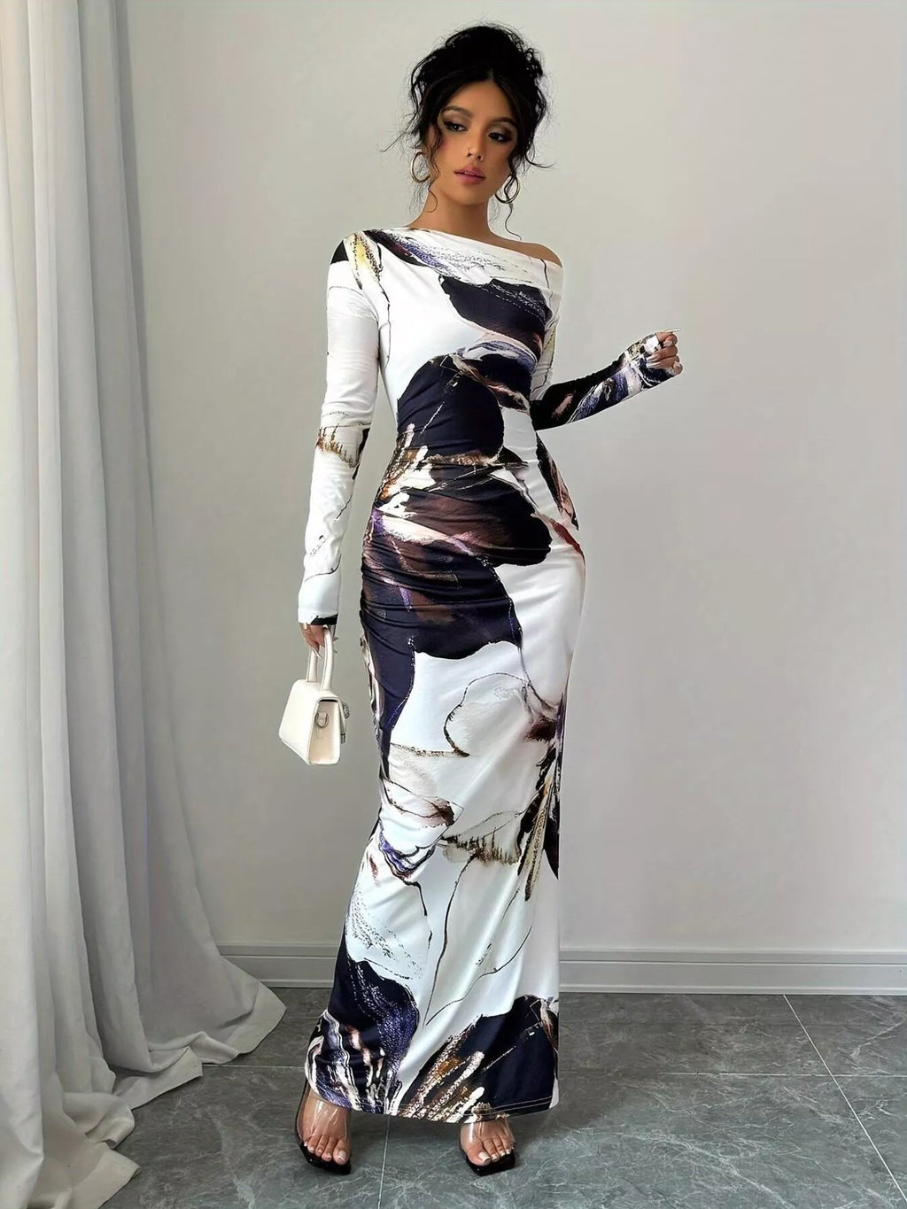 Floral One Shoulder Long Sleeve Maxi Dress - Godess beauty 