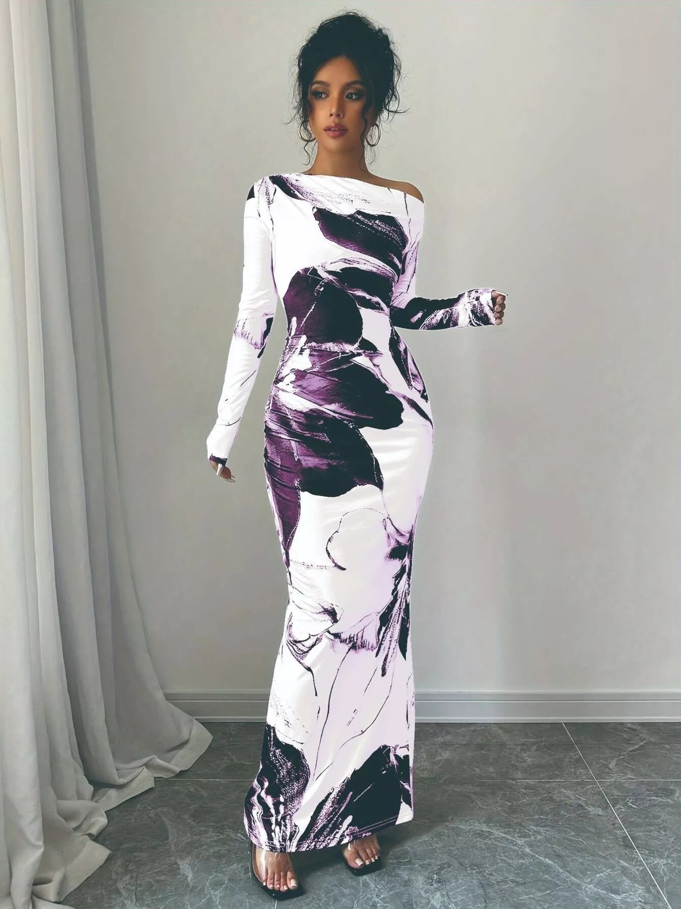Floral One Shoulder Long Sleeve Maxi Dress - Godess beauty 
