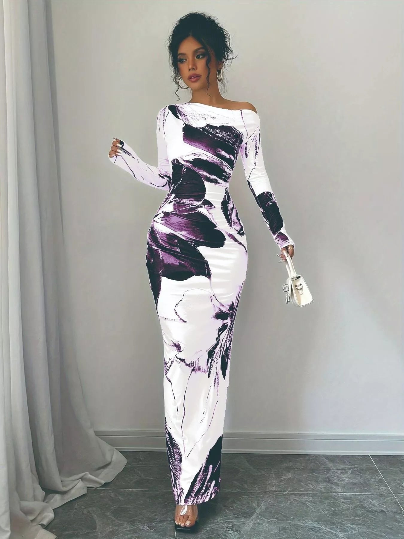 Floral One Shoulder Long Sleeve Maxi Dress - Godess beauty 