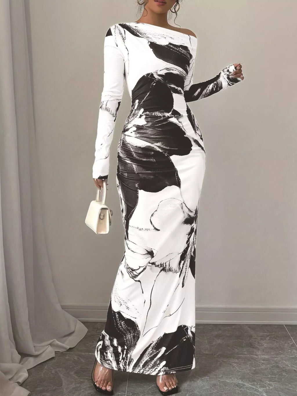 Floral One Shoulder Long Sleeve Maxi Dress - Godess beauty 