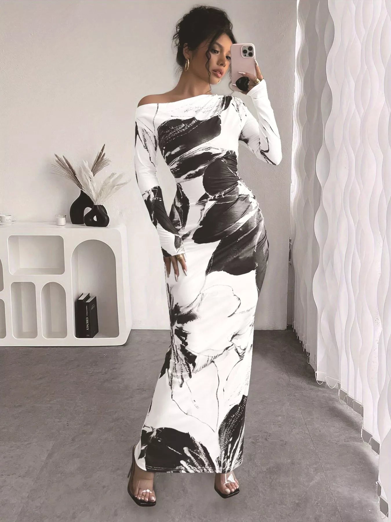 Floral One Shoulder Long Sleeve Maxi Dress - Godess beauty 
