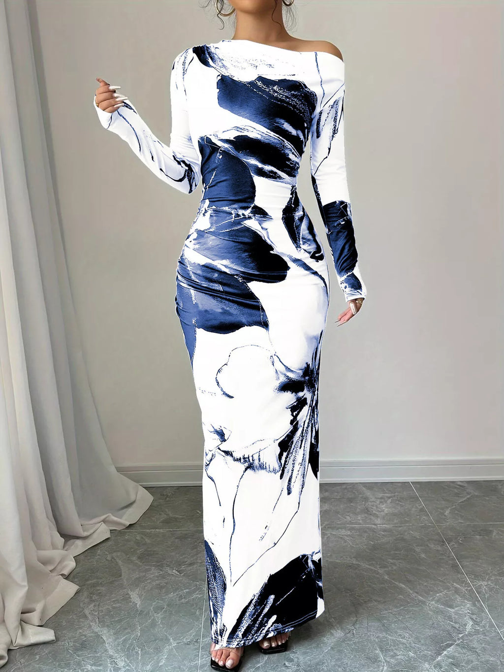 Floral One Shoulder Long Sleeve Maxi Dress - Godess beauty 