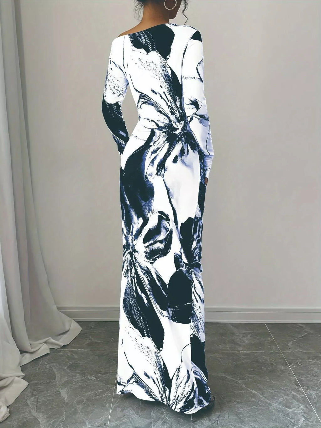 Floral One Shoulder Long Sleeve Maxi Dress - Godess beauty 