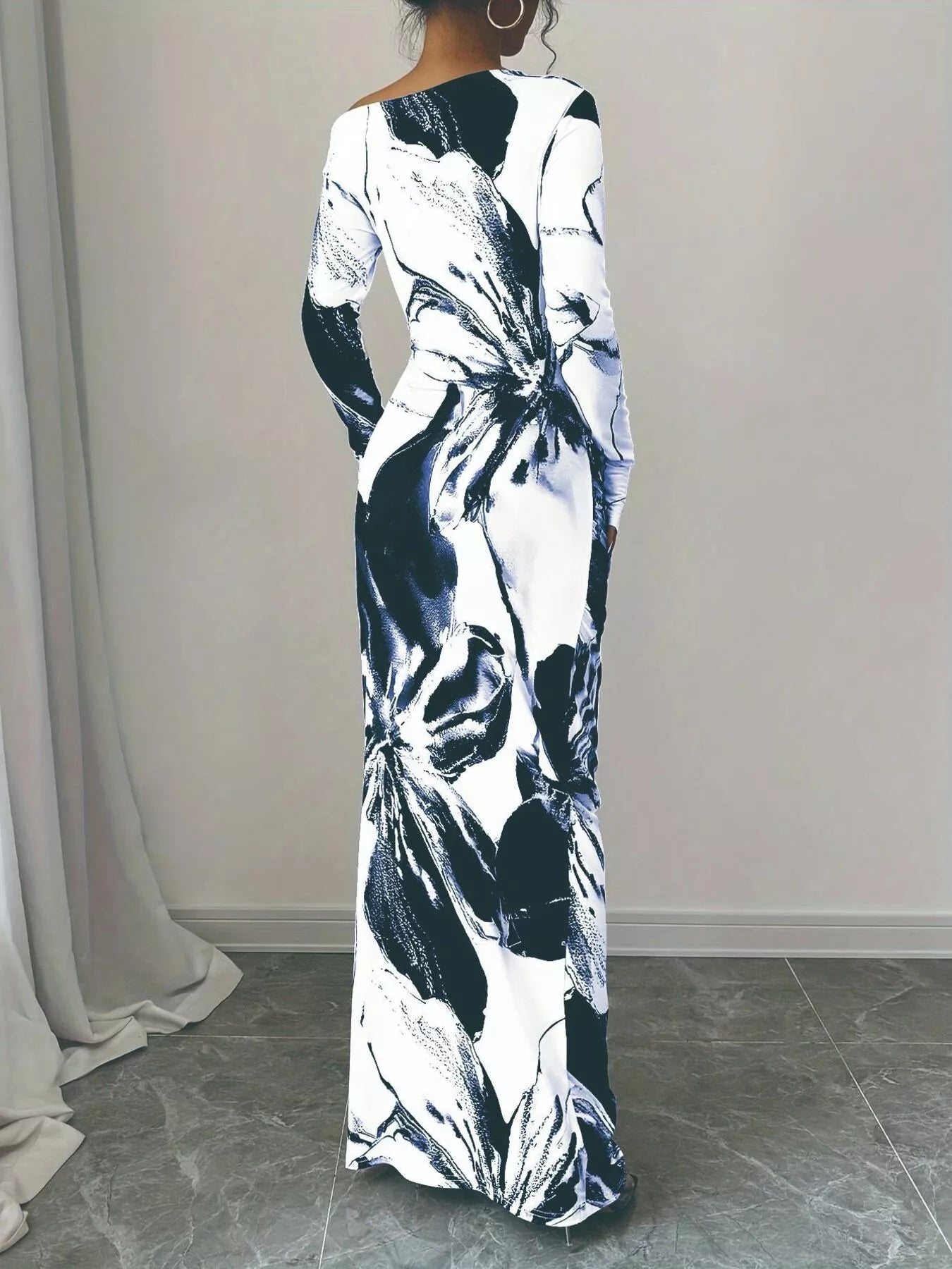 Floral One Shoulder Long Sleeve Maxi Dress - Godess beauty 