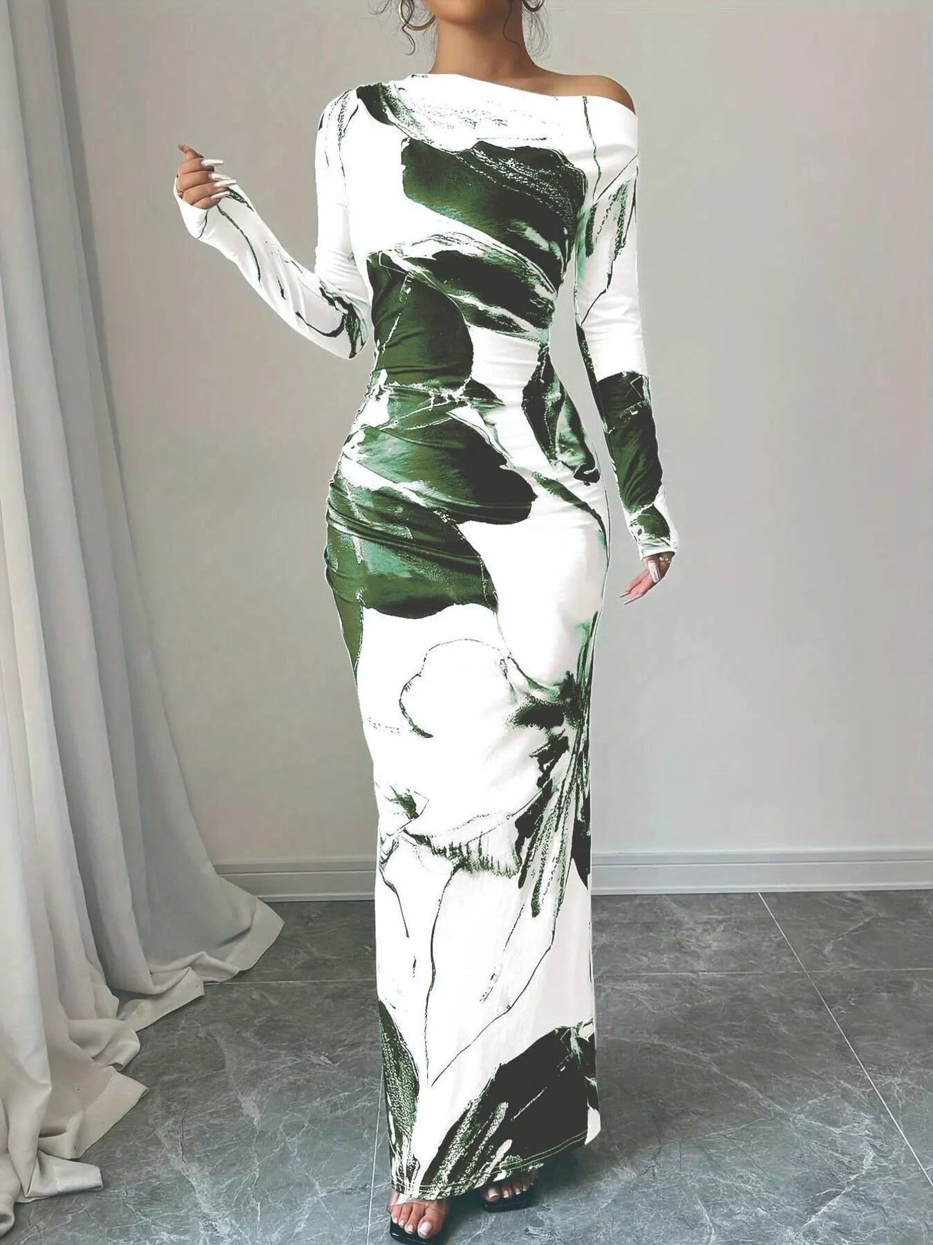 Floral One Shoulder Long Sleeve Maxi Dress - Godess beauty 
