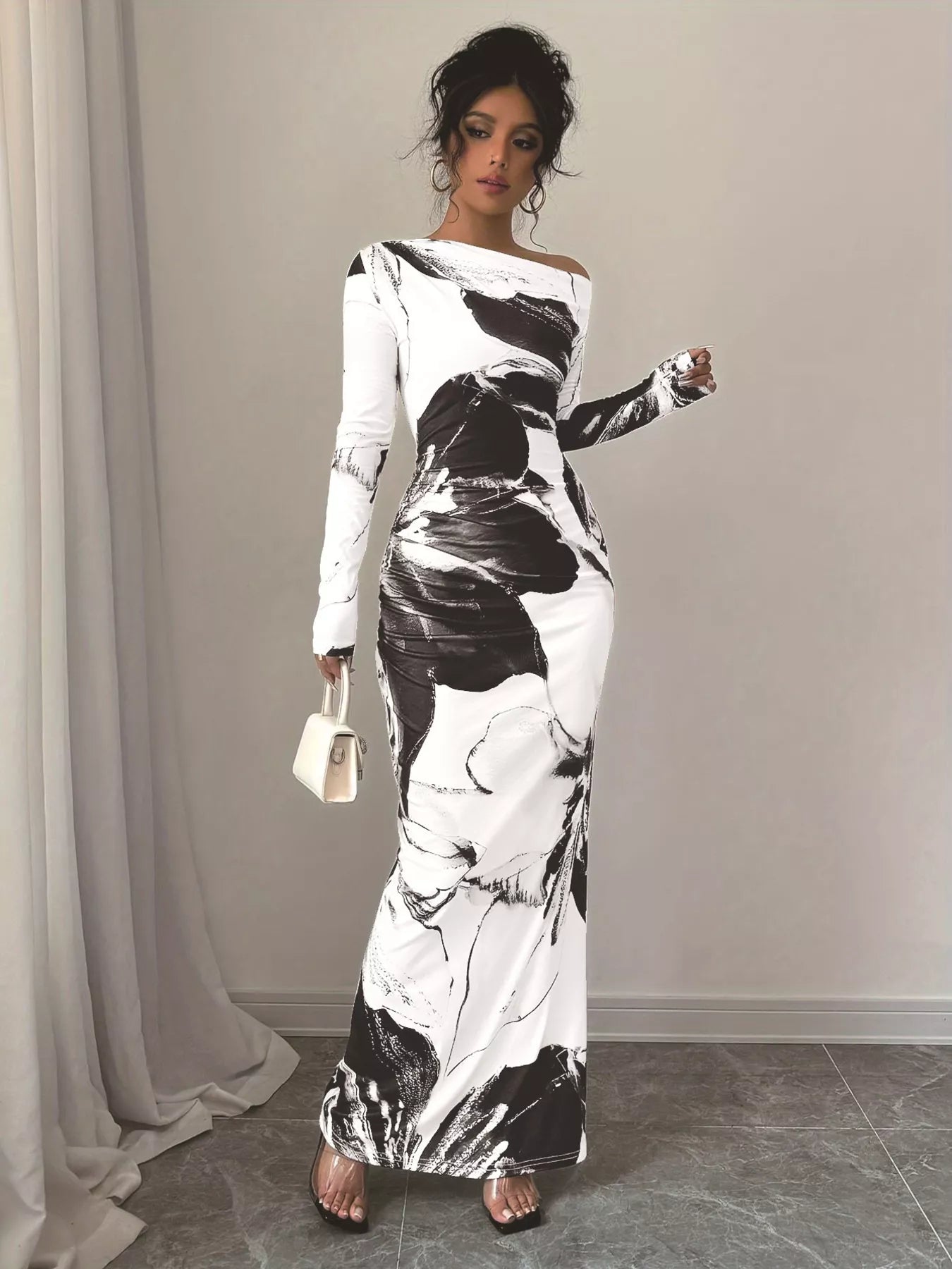 Floral One Shoulder Long Sleeve Maxi Dress - Godess beauty 