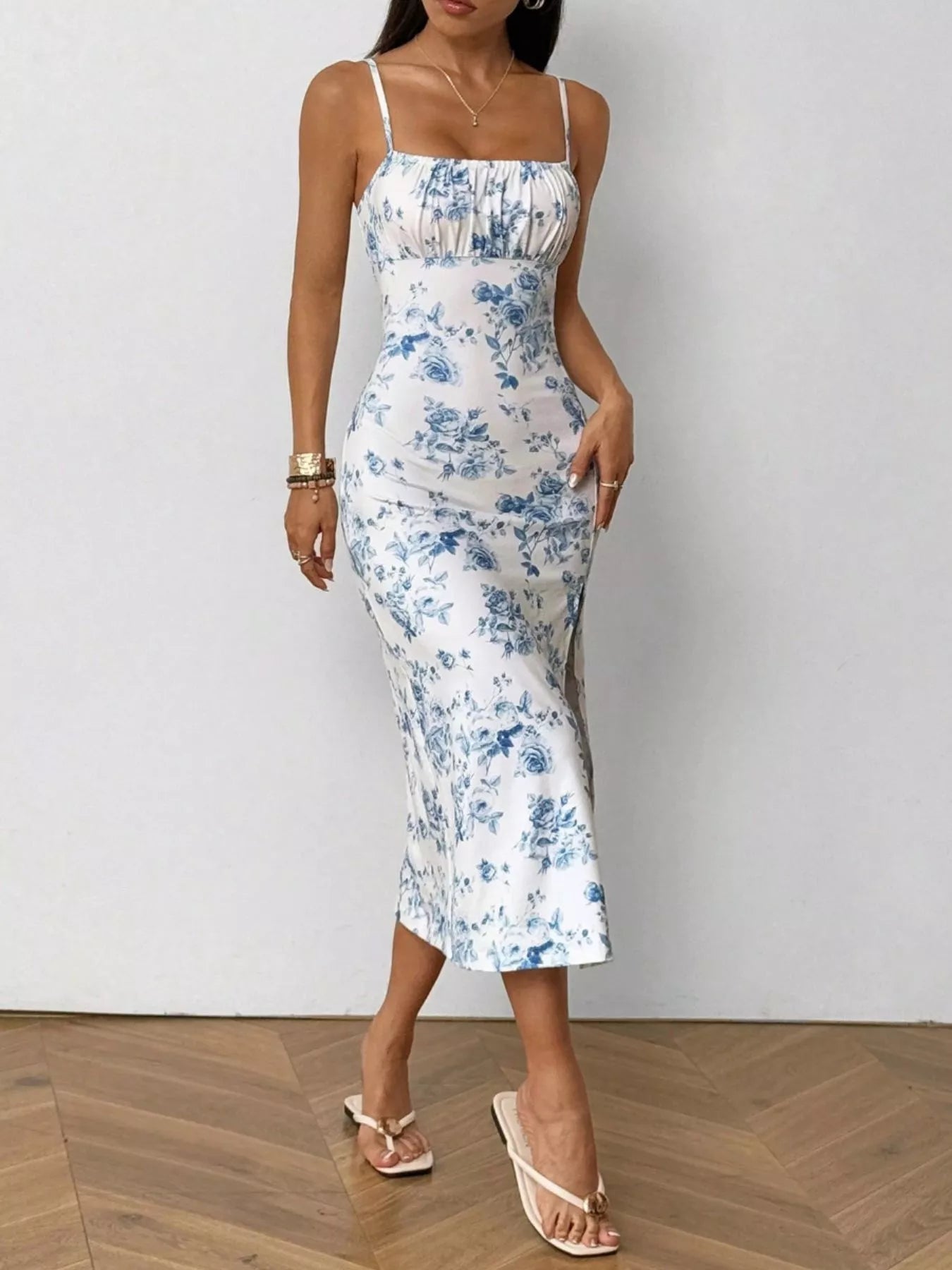 Floral Print Ruched Slit Cami Dress - Godess beauty 
