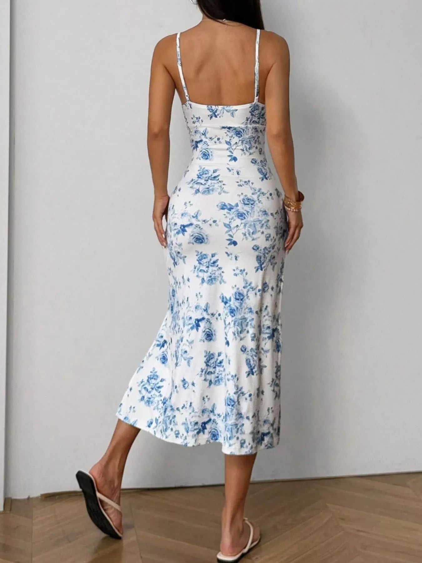 Floral Print Ruched Slit Cami Dress - Godess beauty 
