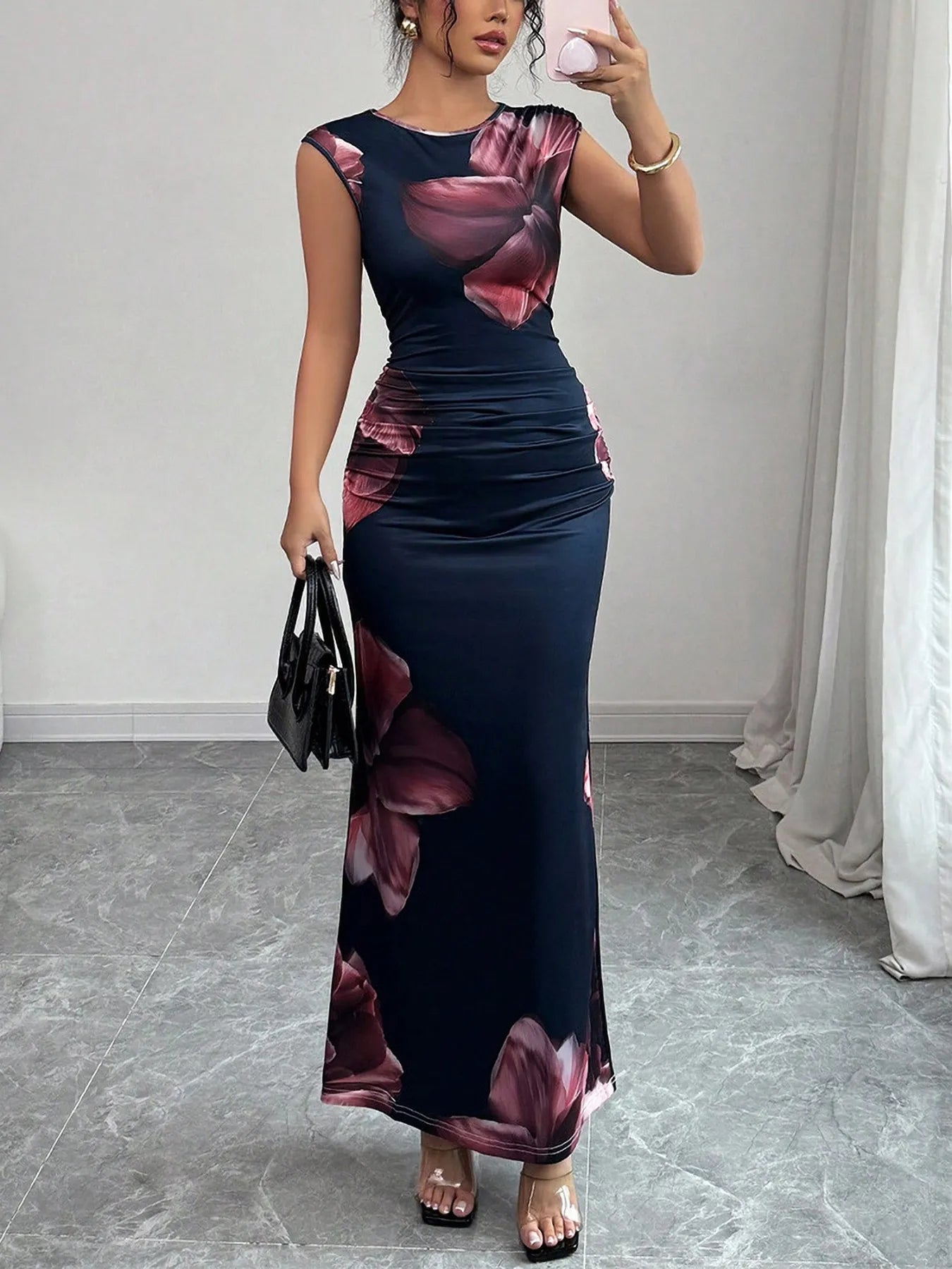 Floral Print Sleeveless Bodycon Maxi Dress - Godess beauty 