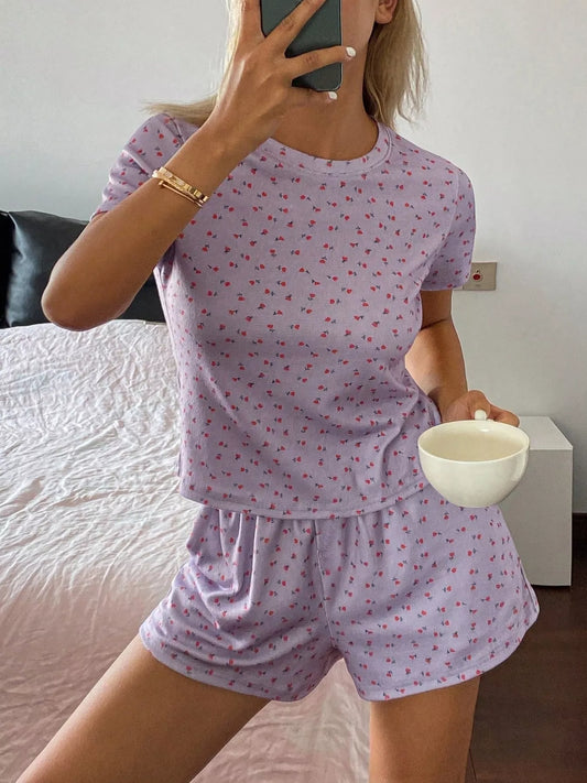 Floral Round Neck Top and Shorts Lounge Set - Godess beauty 