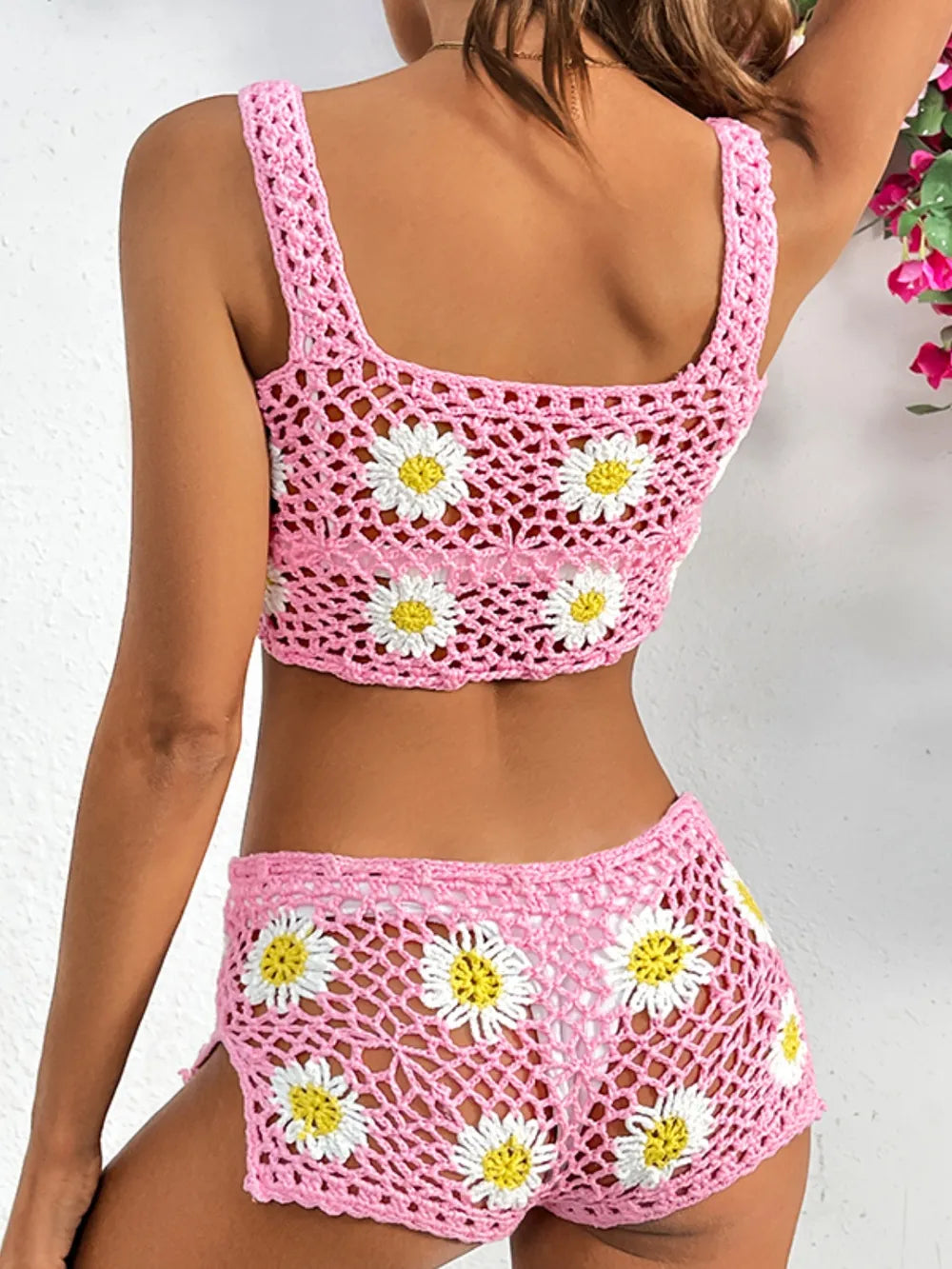 Flower Cutout Wide Strap Two-Piece Cover Up - Godess beauty 