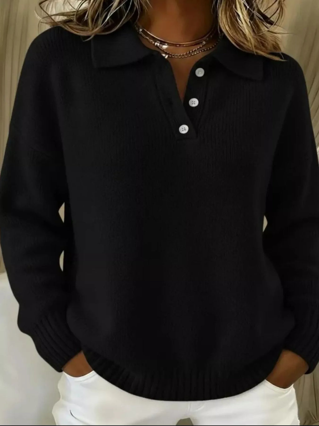 Full Size Button Detail Drop Shoulder Sweater Plus Size - Godess beauty 