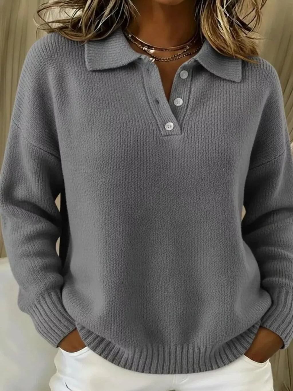 Full Size Button Detail Drop Shoulder Sweater Plus Size - Godess beauty 