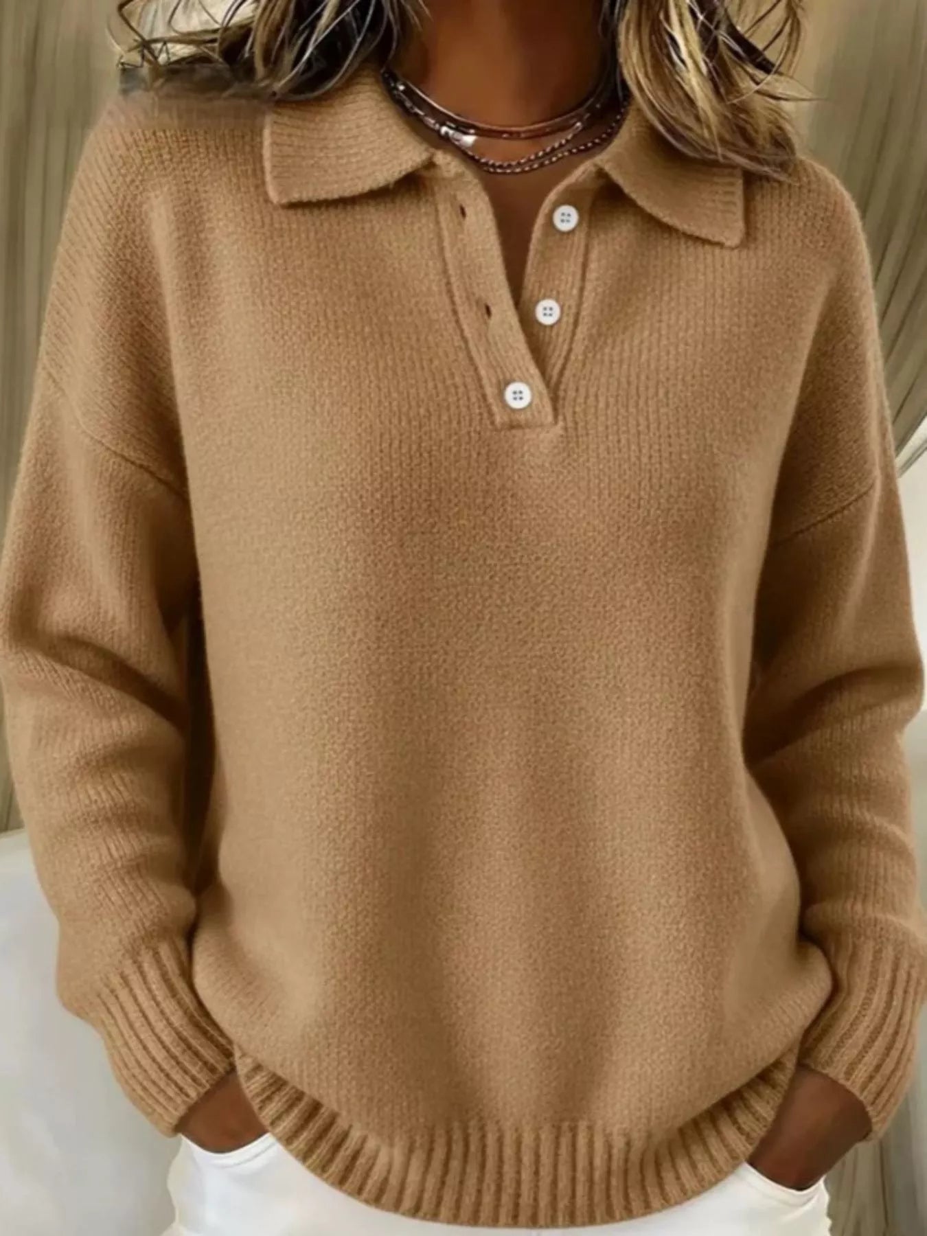 Full Size Button Detail Drop Shoulder Sweater Plus Size - Godess beauty 