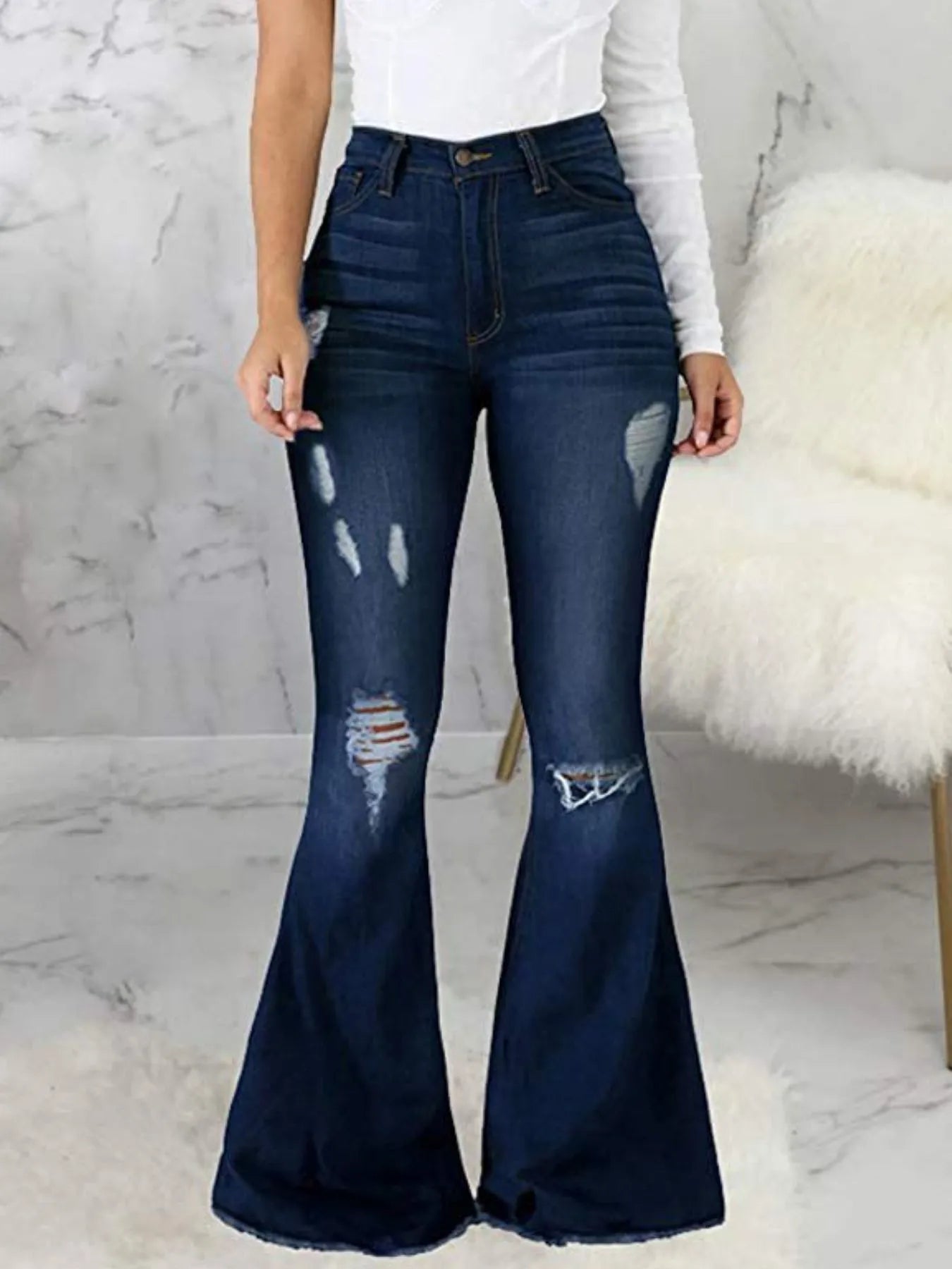 Full Size Distressed Raw Hem Flare Jeans Plus Size - Godess beauty 