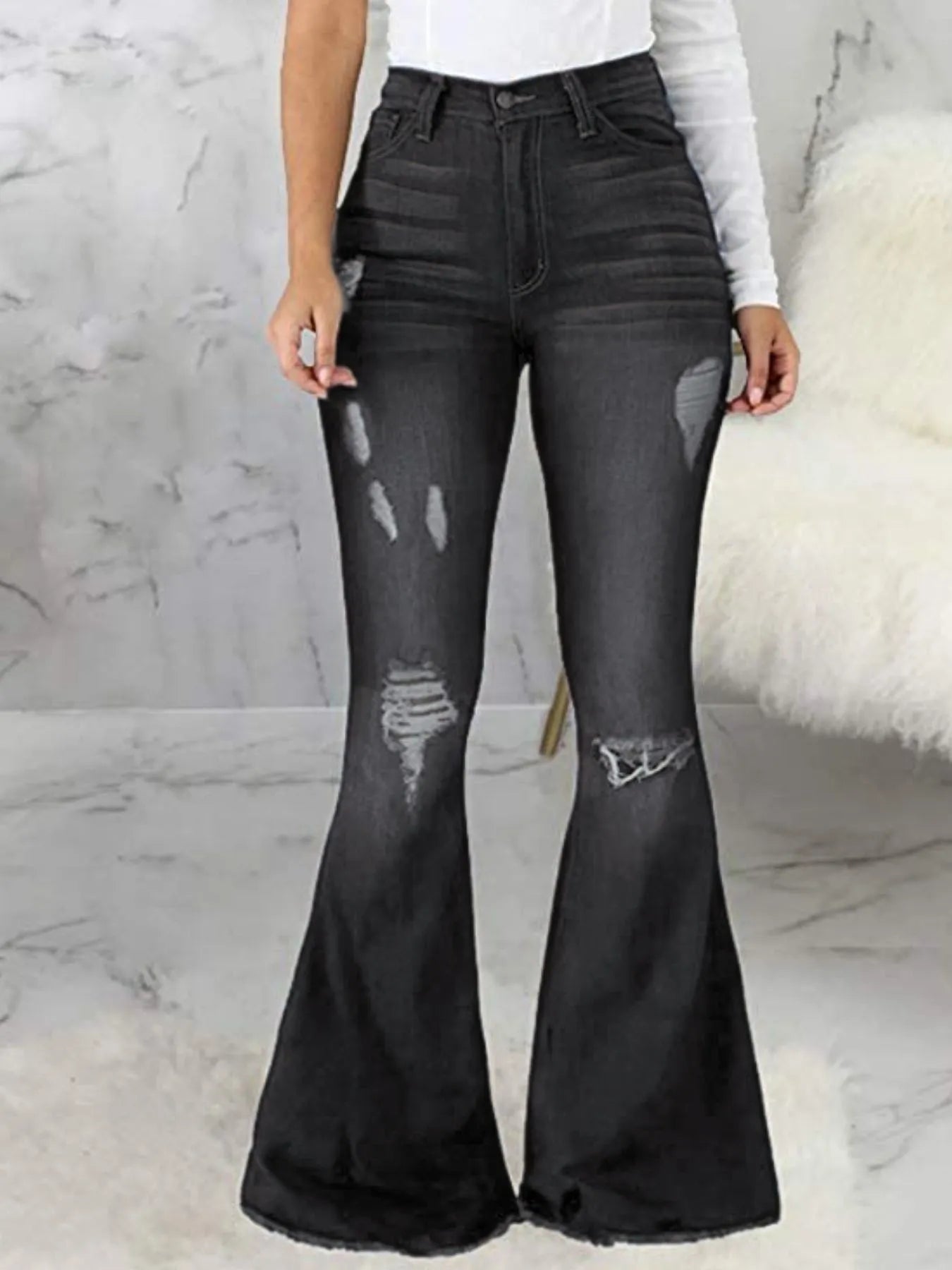 Full Size Distressed Raw Hem Flare Jeans Plus Size - Godess beauty 