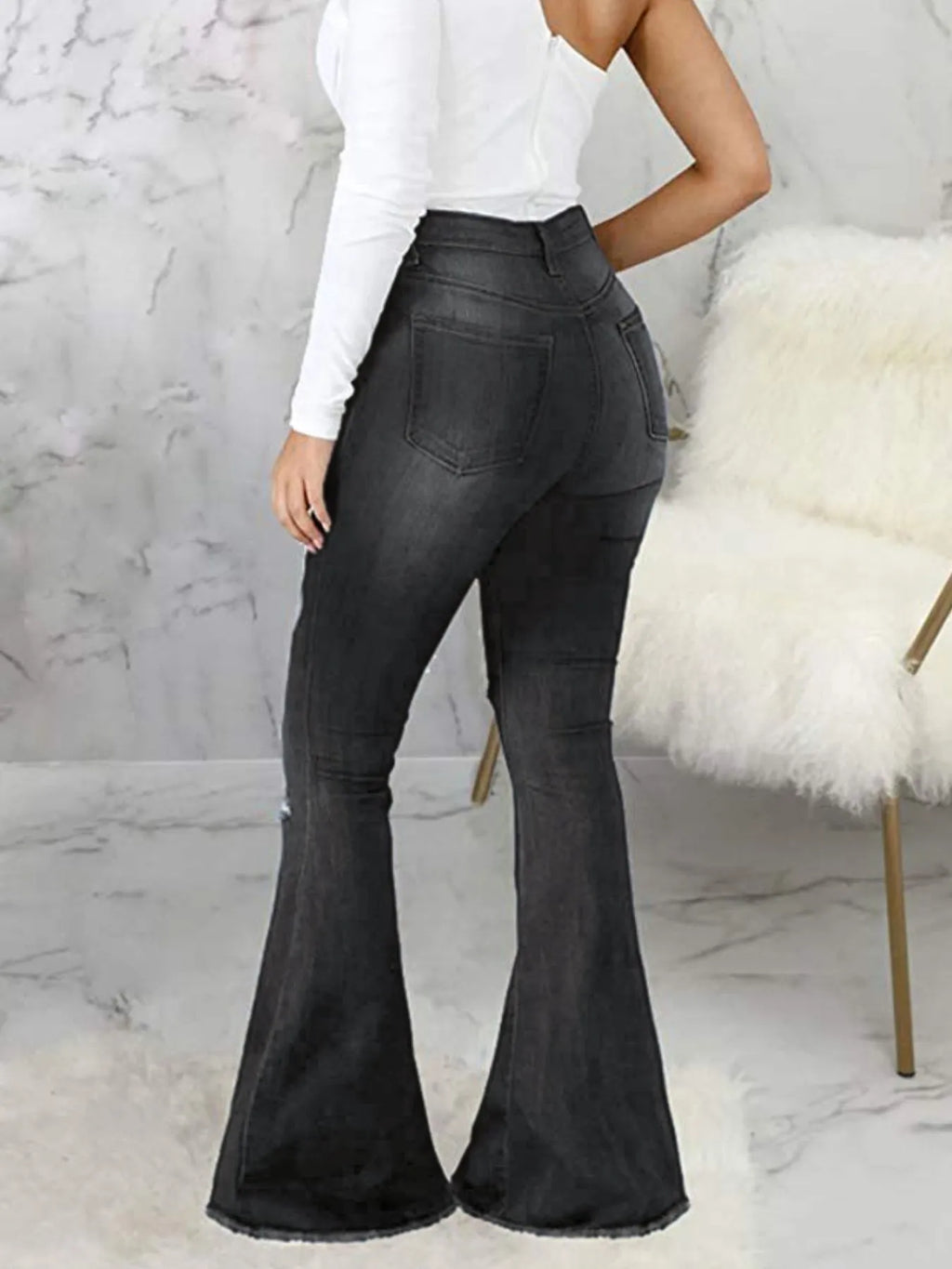 Full Size Distressed Raw Hem Flare Jeans Plus Size - Godess beauty 